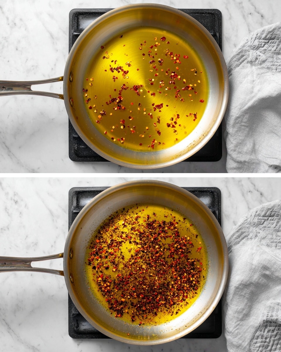 The image shows two photos stacked vertically of a shiny silver pan on a black stove with a white marbled background. The pan contains a thin layer of golden oil with small red and brown chili flakes scattered through the oil. In the first photo, the oil looks clean with chili flakes floating evenly. In the second photo, the chili flakes are darker and more cooked, spread unevenly across the pan's surface. To the right of the pan, a white cloth with a gray pattern is partially visible. Photo taken with an iphone --ar 4:5 --v 7