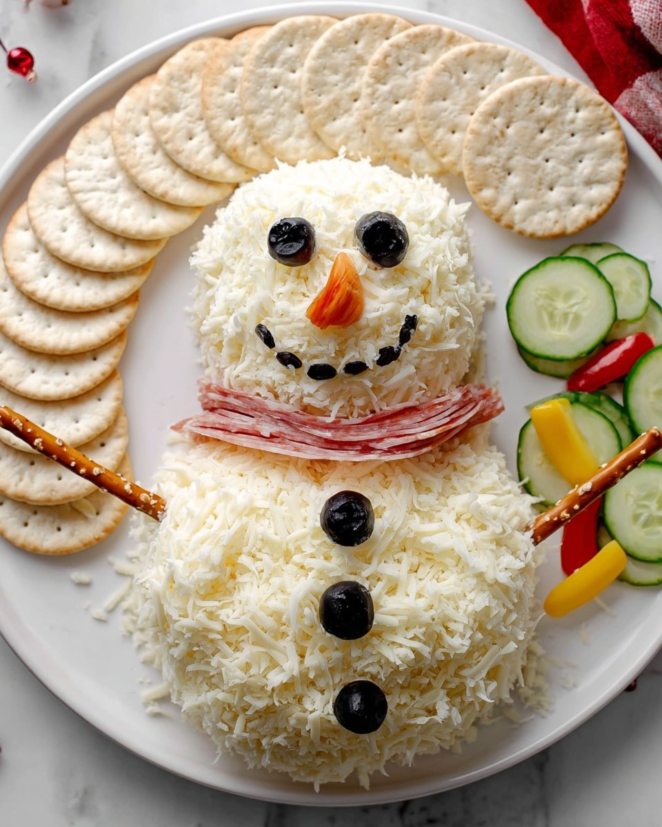 On a white plate with a white marbled surface, there is a two-layer snowman made of shredded white cheese; the bottom layer is a larger round mound covered in shredded cheese with three black olive buttons in a vertical line, and the top layer is a smaller round mound also covered in shredded white cheese forming the head. The snowman has eyes made of two black olives, a mouth made of five black olive pieces curved in a smile, and a carrot slice as the nose placed in the center of the face. Around the head, there is a semicircle of round white crackers with lightly browned spots. There is a thin slice of pinkish-red prosciutto wrapped loosely around the neck between the two cheese layers like a scarf. Two pretzel sticks act as the snowman's arms, sticking out from the sides of the bottom cheese layer. More shredded white cheese is spread under and around the snowman, creating the look of snow. Slices of cucumber and small colored peppers are visible near the edge of the plate. Photo taken with an iphone --ar 4:5 --v 7