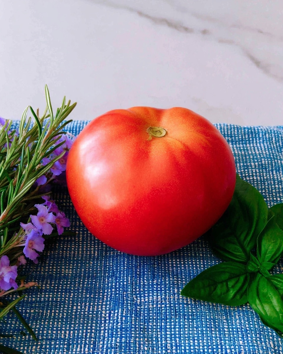 A large, bright red tomato sits on a blue woven cloth with small purple flowers and green rosemary sprigs on the left side and green basil leaves on the right side. The tomato is smooth and round with a small round tip on top. The background is a plain light gray color with a white marbled surface under the cloth photo taken with an iphone --ar 4:5 --v 7