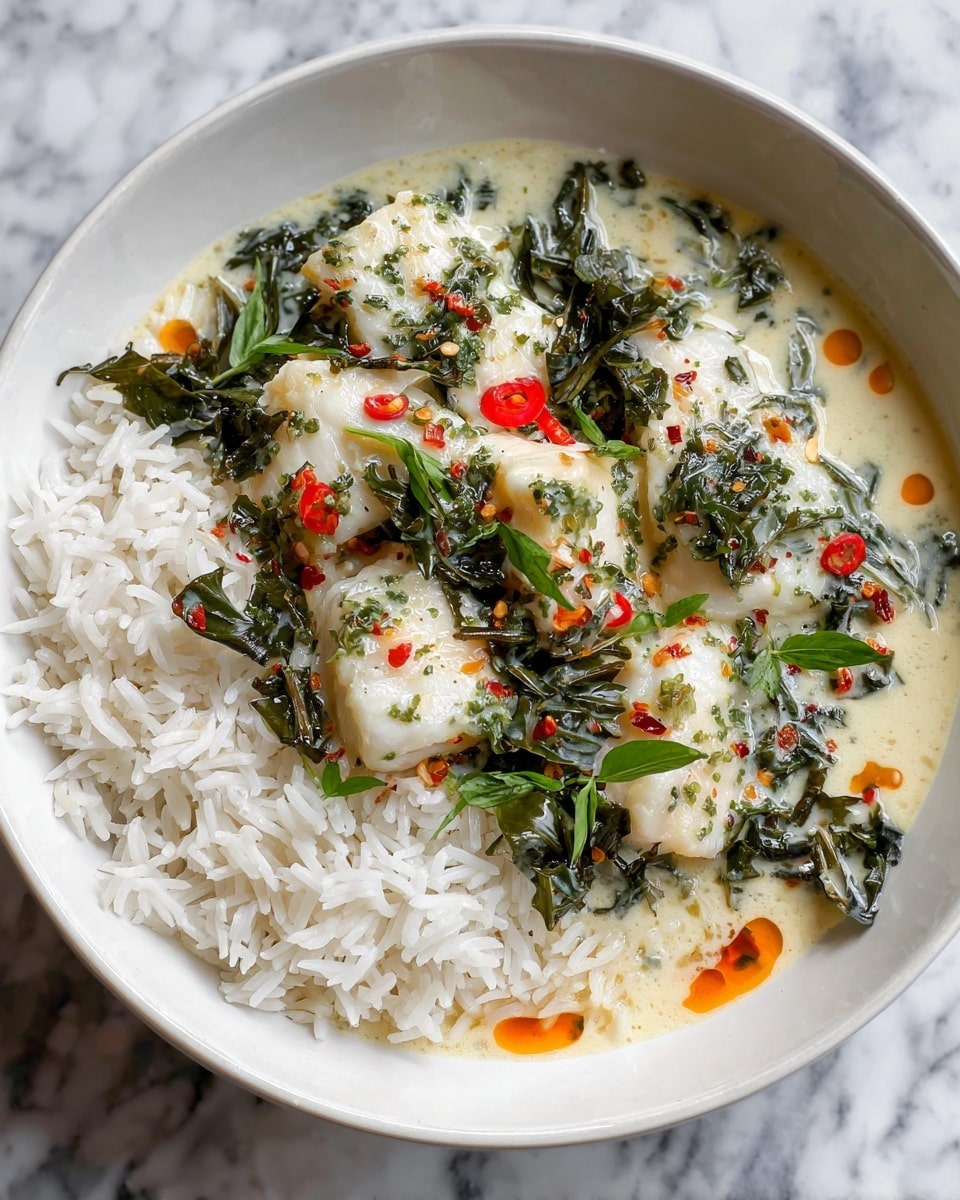 A white bowl filled with a creamy white sauce base, layered with chunks of white fish in the center, topped with dark green leafy herbs and small slices of red chili scattered on top. On the lower left side, there are pale green stalks resting in the sauce. White rice is placed on the right edge of the bowl, partly covered by the creamy sauce and garnished with sliced green herbs. The bowl is set on a white marbled surface. Photo taken with an iphone --ar 4:5 --v 7