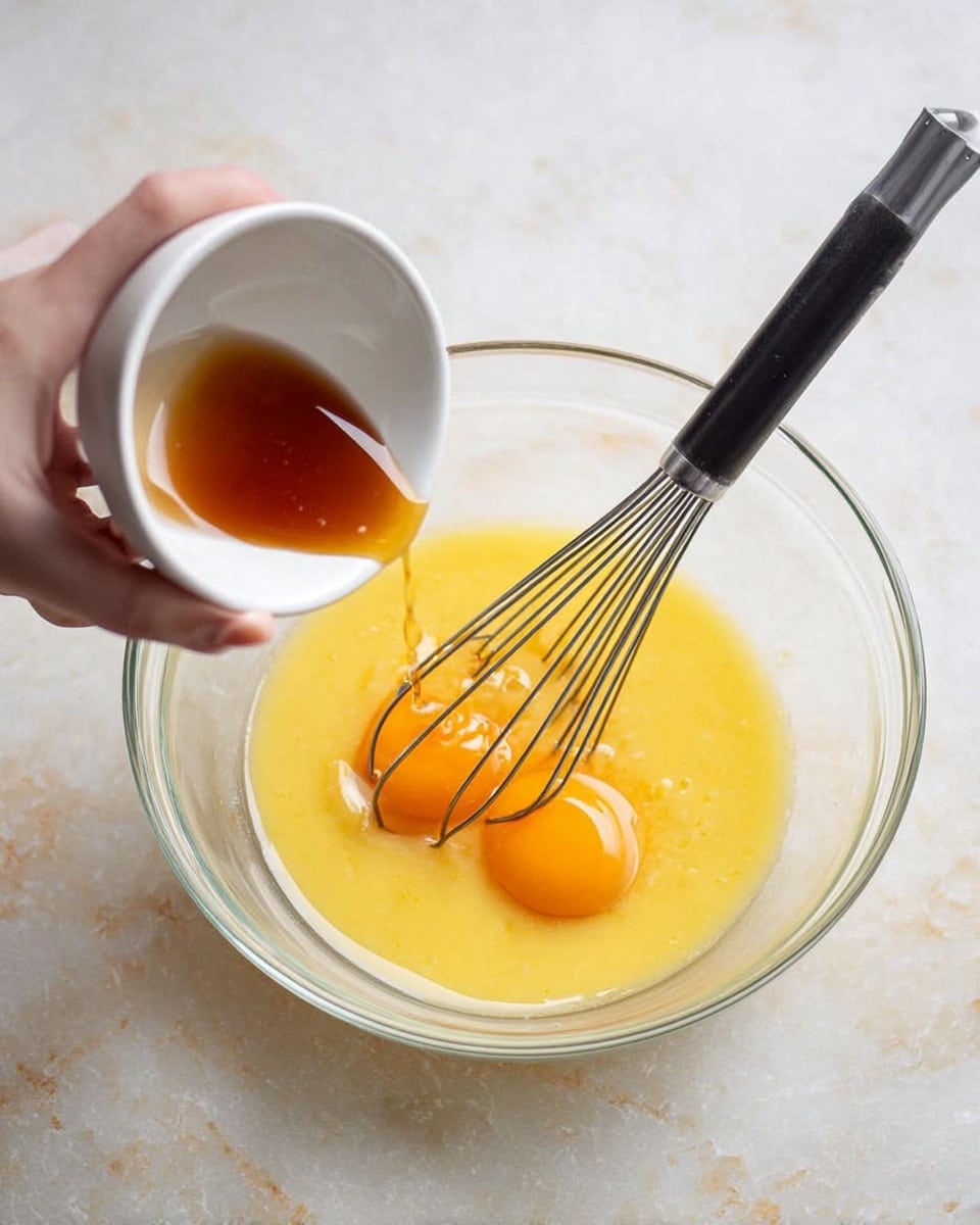 A clear glass bowl sits on a white marbled surface, holding a yellow mixture with a slightly shiny texture. Inside the bowl, two bright orange egg yolks float in the liquid. A small white bowl tilts above the glass bowl, pouring a third rich orange yolk into the mixture. A large metal whisk with a black handle rests inside the bowl, touching the mixture near a small pool of dark brown vanilla extract. A woman's hand holds the small white bowl, gently guiding the yolk into the glass bowl. photo taken with an iphone --ar 4:5 --v 7