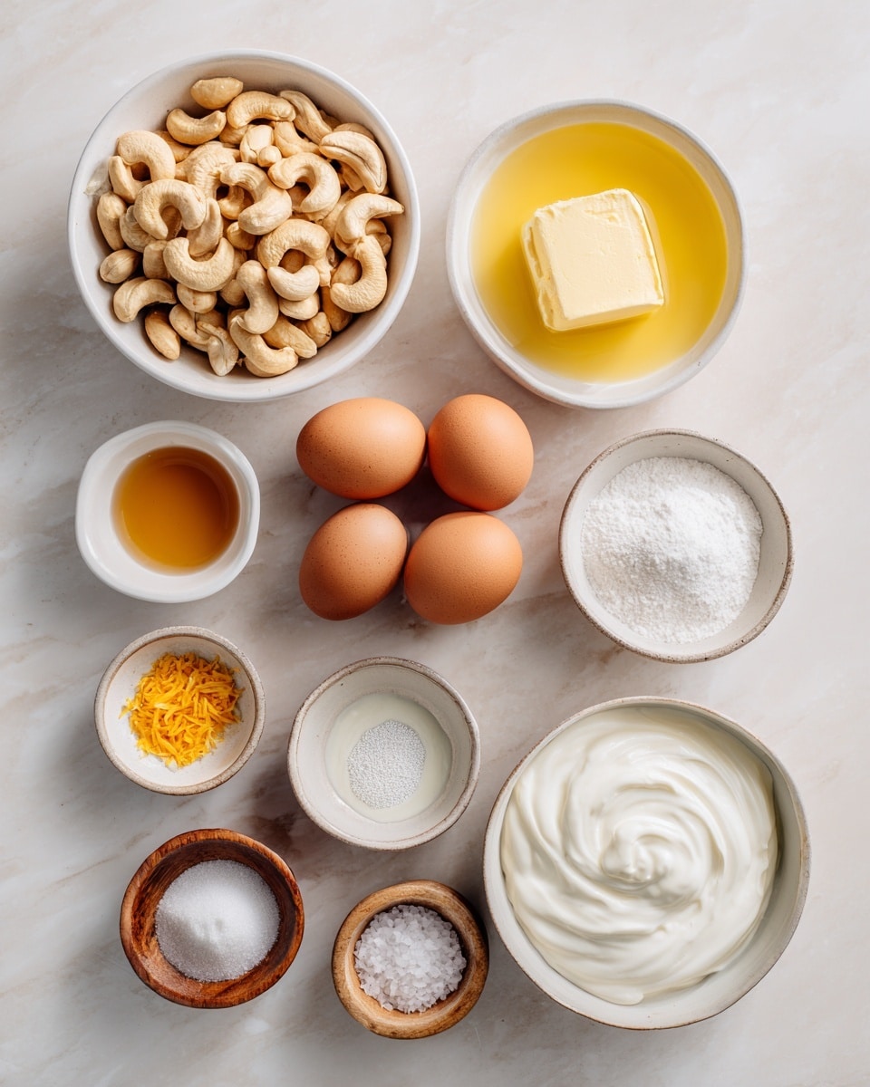 The image shows nine small white bowls on a white marbled surface. At the top left is a bowl full of light brown cashews. To its right is a bowl of bright yellow unsalted butter melted smooth. Below the cashews is a bowl with four brown eggs. To the eggs' right is a bowl filled with fine white caster sugar, and below that is a bowl of thick white whipping cream. Below the butter and sugar are smaller bowls: one with bright orange zest, one with golden vanilla extract, one with white baking powder, one with amber liquid, and a wooden bowl holding coarse sea salt. Each bowl is neatly placed apart, and the whole scene looks clean and bright. Photo taken with an iphone --ar 4:5 --v 7