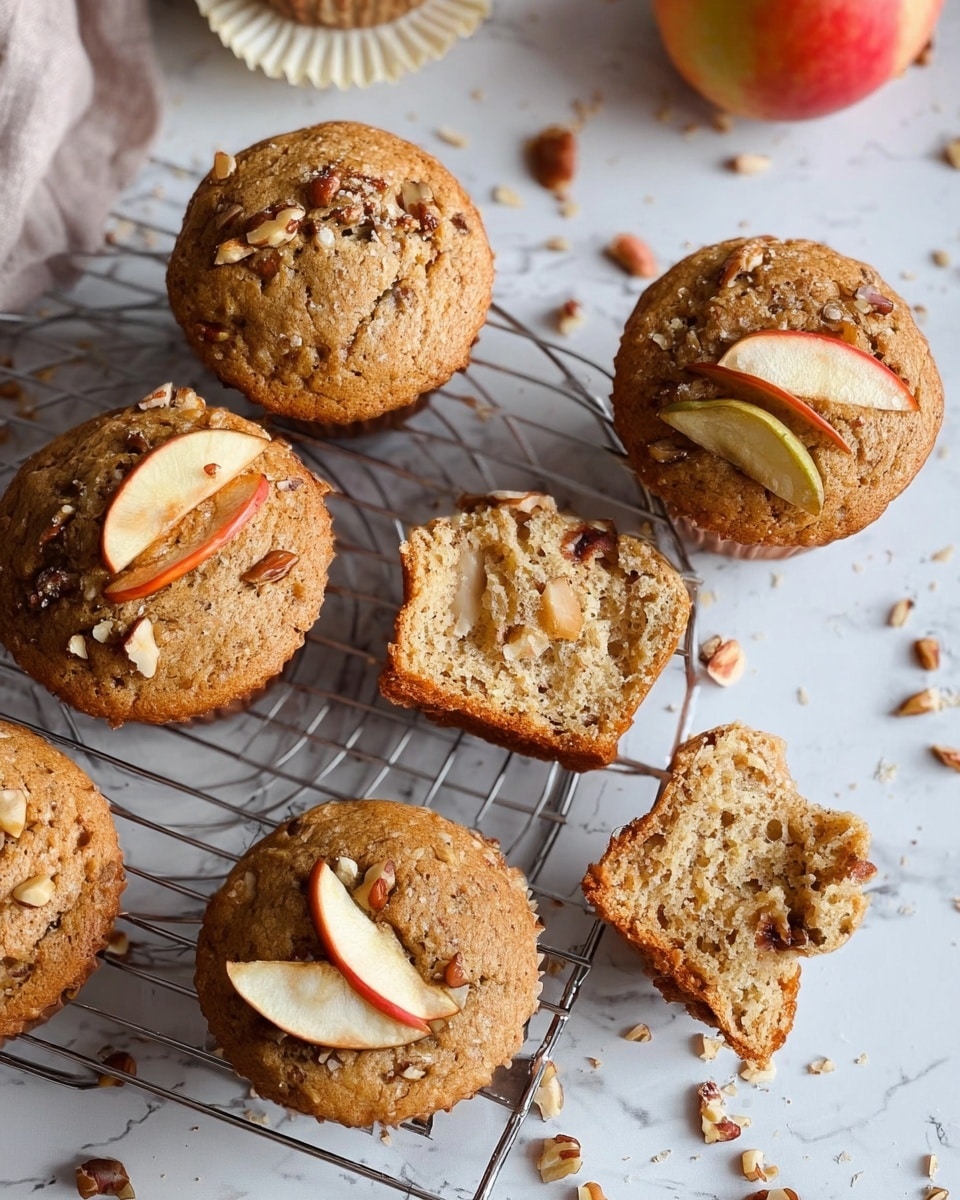The image shows six muffins on a wire cooling rack placed over a white marbled surface. The muffins are golden brown with a slightly rough texture and have small pieces of nuts embedded throughout. One muffin is broken in half, revealing a light, soft, and crumbly inside with tiny pieces of nuts and fruit visible. Each muffin has thin slices of apple on top, some slightly curled and lightly browned, adding a decorative touch. Scattered nut pieces are sprinkled around the rack, enhancing the cozy, homemade feel of the scene. In the top background, a white cupcake liner and a whole apple are partially visible. Photo taken with an iphone --ar 4:5 --v 7