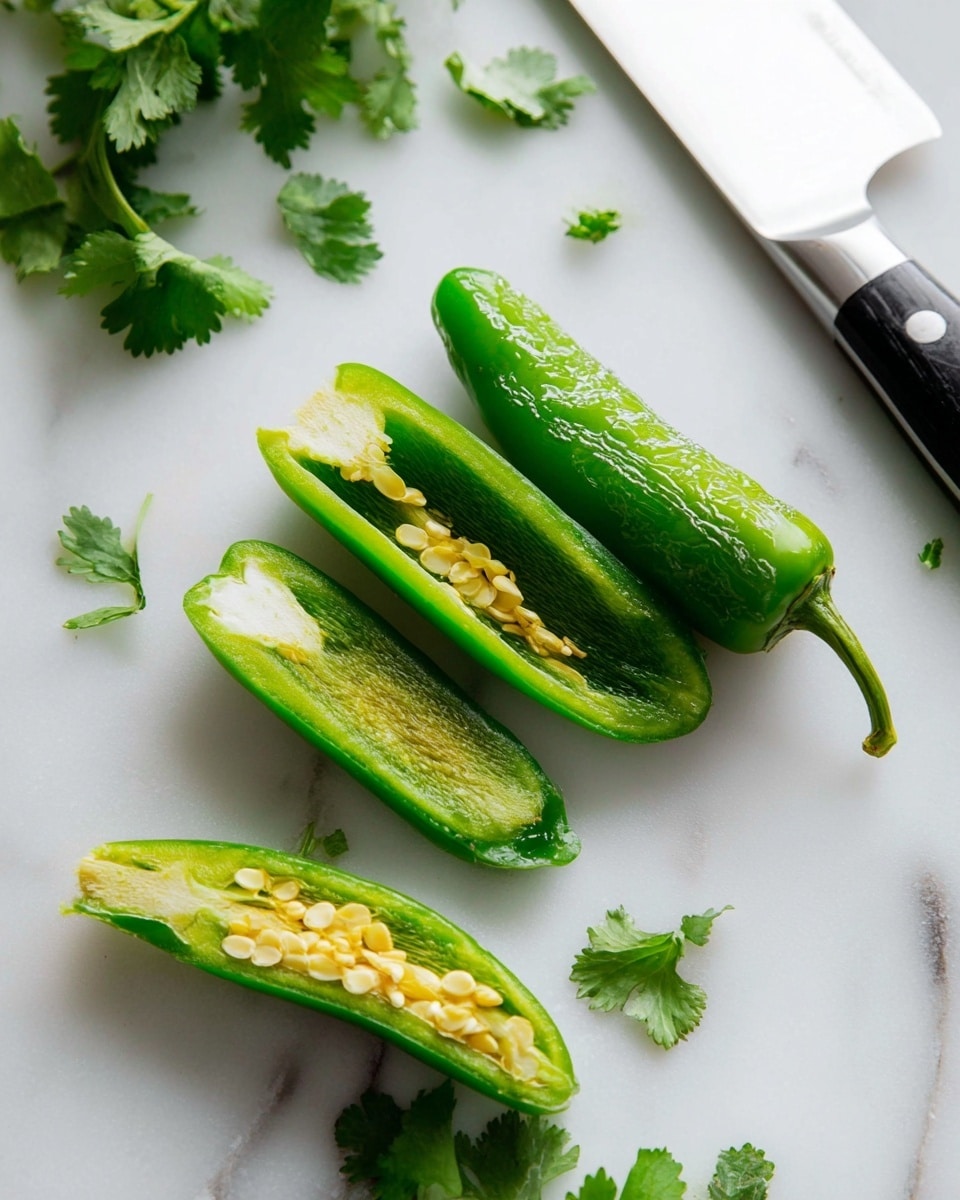 The image shows two green peppers sliced open and laid on a white marbled surface. One pepper is split into three long pieces, showing its bright green, shiny, and slightly wrinkled texture, while the other pepper is halved with its light yellow seeds still inside. A large silver knife with a black handle rests near the peppers, and some fresh green cilantro leaves are scattered around the edges. The scene is bright with natural light, highlighting the fresh, vibrant colors of the peppers and cilantro. photo taken with an iphone --ar 4:5 --v 7