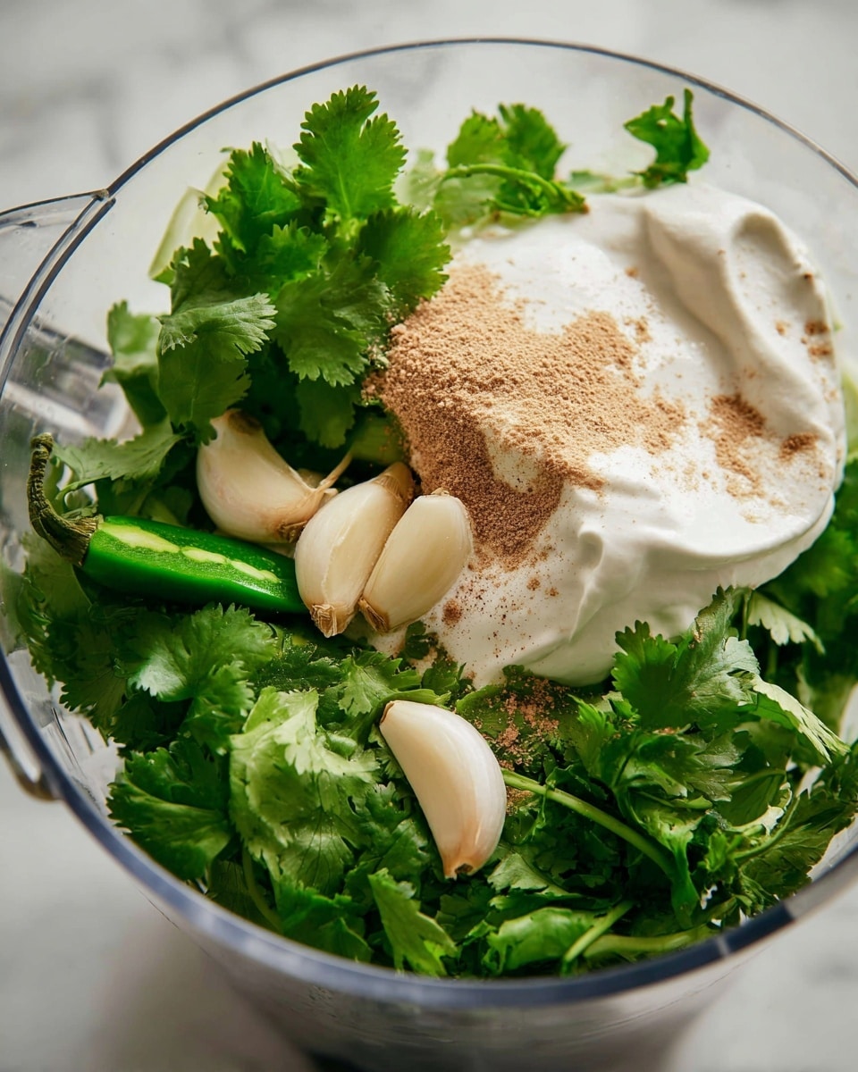 A clear round blender bowl filled with several fresh green cilantro leaves at the base, some pale cream-colored whole garlic cloves placed on top of the cilantro, and a few whole green chili peppers. Over one side, there is a big dollop of white creamy yogurt with a light brown powder sprinkled on part of it, creating a soft textured contrast. The bowl sits on a white marbled surface, and in the background, more green herbs are softly blurred. photo taken with an iphone --ar 4:5 --v 7