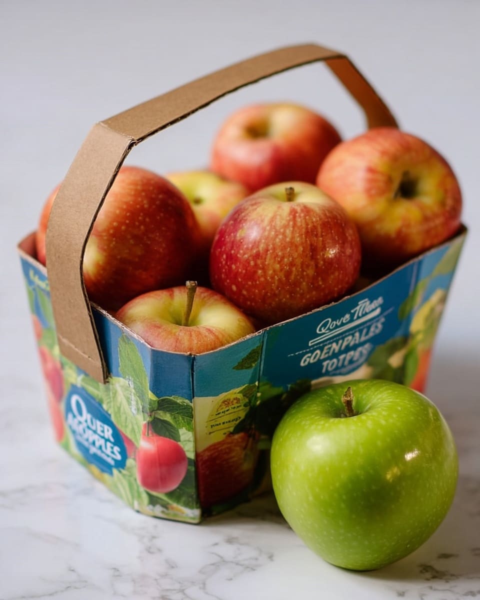 A small brown cardboard basket with a wooden handle is filled with several whole apples that are mostly red with some yellow tones. The basket has a blue label around its sides with pictures of apples and green leaves, along with the words