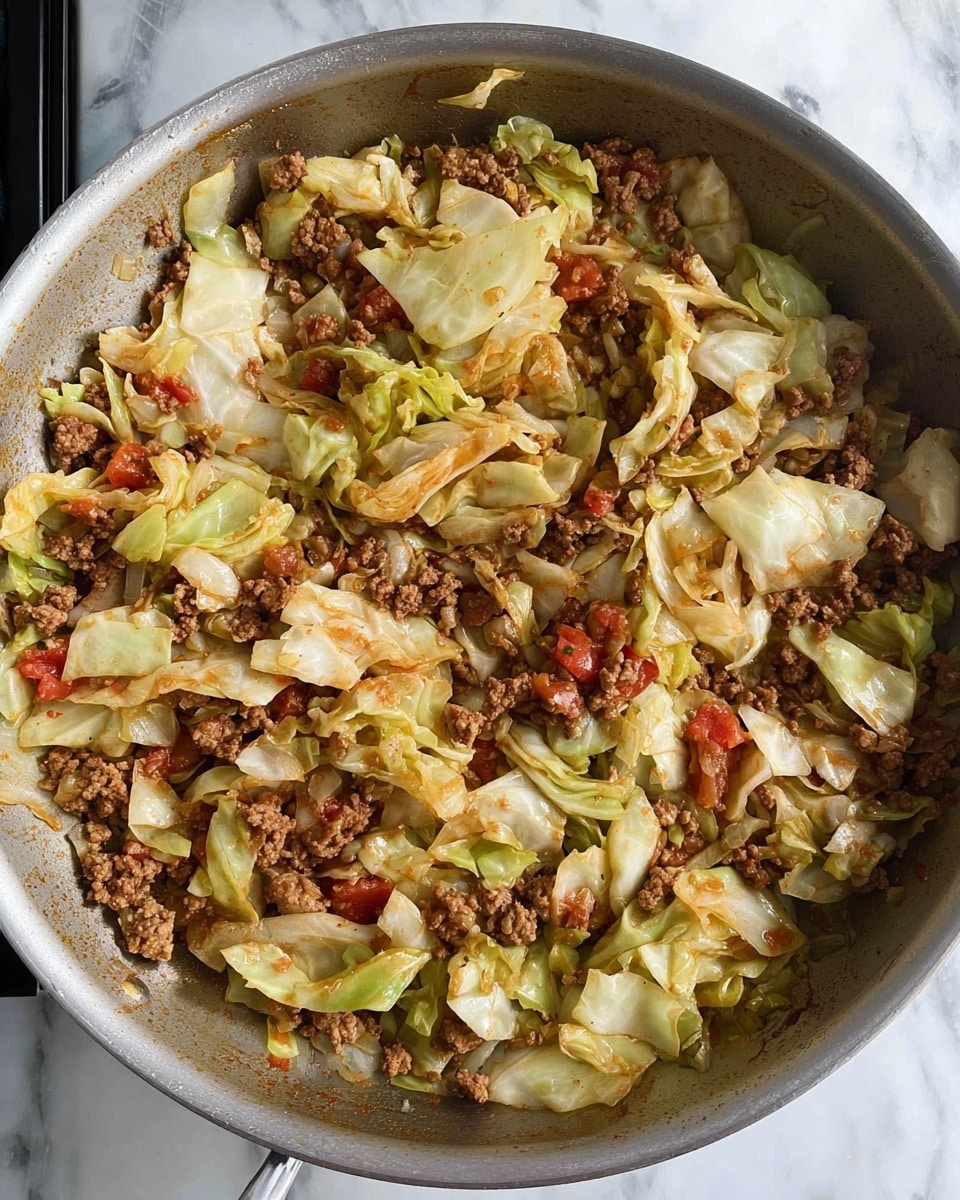 A large silver pan full of cooked cabbage and browned ground meat mixed with small pieces of red tomatoes and onions. The cabbage pieces are light green and white, soft and folded, scattered throughout the mixture. The ground meat is brown and crumbly, blending evenly with the vegetables. The diced tomatoes add small spots of red color, and the pan's sides show some cooked-on bits and light sauce residue. The pan is on a stove with a white marbled surface visible underneath. photo taken with an iphone --ar 4:5 --v 7