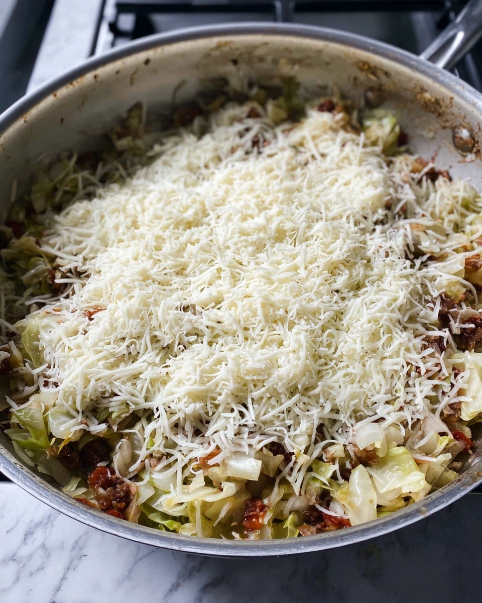 A close-up view of a silver pan on a stove with white marbled texture beneath. Inside the pan, there is a cooked mix of chopped cabbage pieces in light yellow and green, bits of browned meat in dark brown, and visible small red tomato pieces. On top of this cooked mixture is a thick layer of shredded white cheese, evenly spread, ready to melt. The edges of the pan show some browned food stains. Photo taken with an iphone --ar 4:5 --v 7