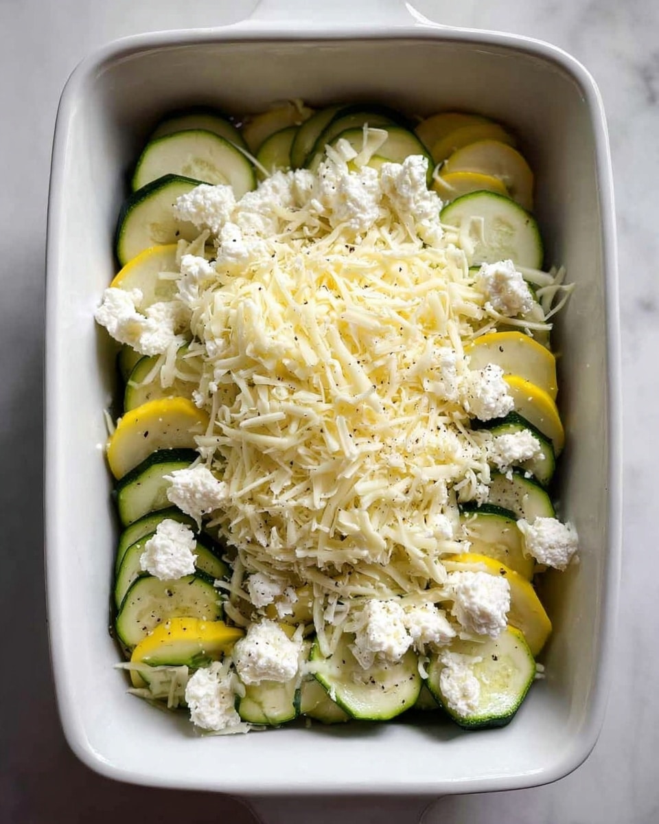 In a white rectangular baking dish, there is a first layer of green zucchini and yellow squash slices, arranged flat and overlapping to cover the bottom. On top of the vegetable layer, there are small dollops of white crumbly cheese spread unevenly, creating a textured look. Above the cheese, there is a thick pile of shredded pale yellow cheese sprinkled with a few bits of black pepper. The vegetables have a fresh, slightly glossy appearance while the cheeses look soft and creamy. The dish sits on a white marbled surface, and the photo is taken from above with an iphone --ar 4:5 --v 7