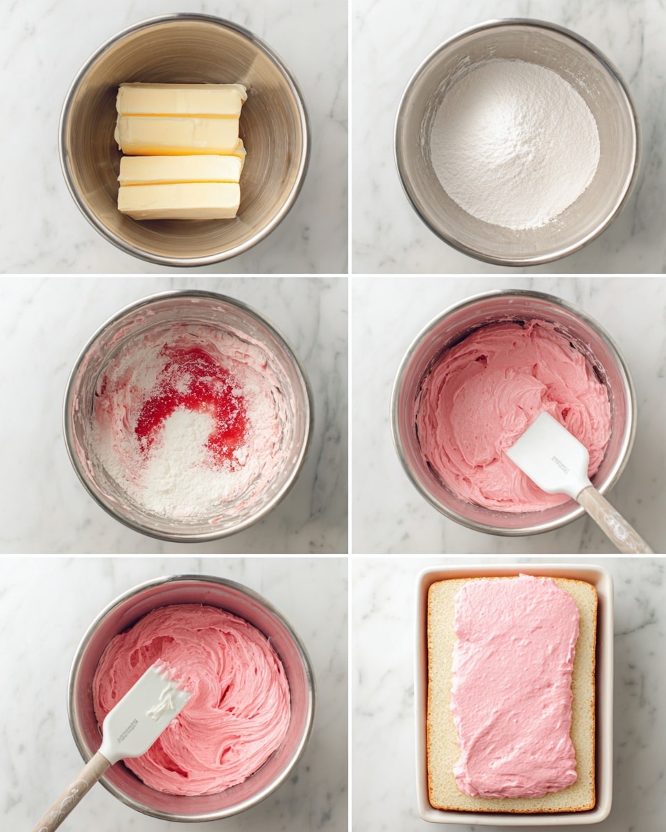A series of six images show the process of making a pink frosting and spreading it on a cake. The first picture has two sticks of yellow butter in a silver mixing bowl. The second picture shows the butter mixed half with white powdered sugar added on one side of the bowl. The third image has the mixture turning creamy white with a small amount of red liquid added on top. The fourth and fifth images show the mixture becoming light pink and smooth in the silver bowl. The sixth image shows the pink frosting being spread evenly on a rectangular sponge cake in a white baking dish with a white spatula on a white marbled surface. Photo taken with an iphone --ar 4:5 --v 7