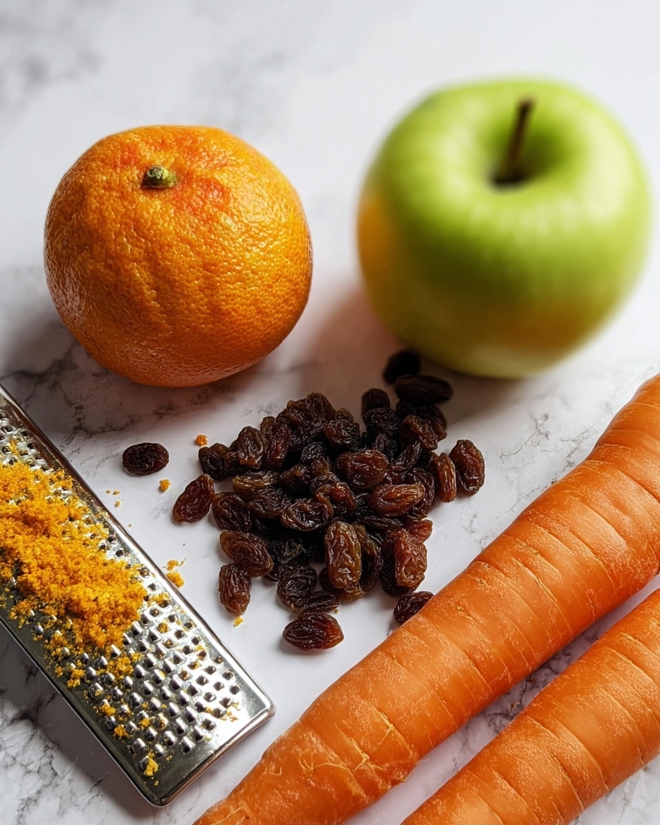 The image shows a white marbled surface with a small pile of dark brown raisins in the center. To the left is a bright orange fruit with a textured skin, and below it is a metal grater with orange zest on it. On the right side, there are two fresh orange carrots lying down, and above them is a green apple. The colors contrast clearly against the clean white marbled surface, creating a fresh and vibrant look photo taken with an iphone --ar 4:5 --v 7