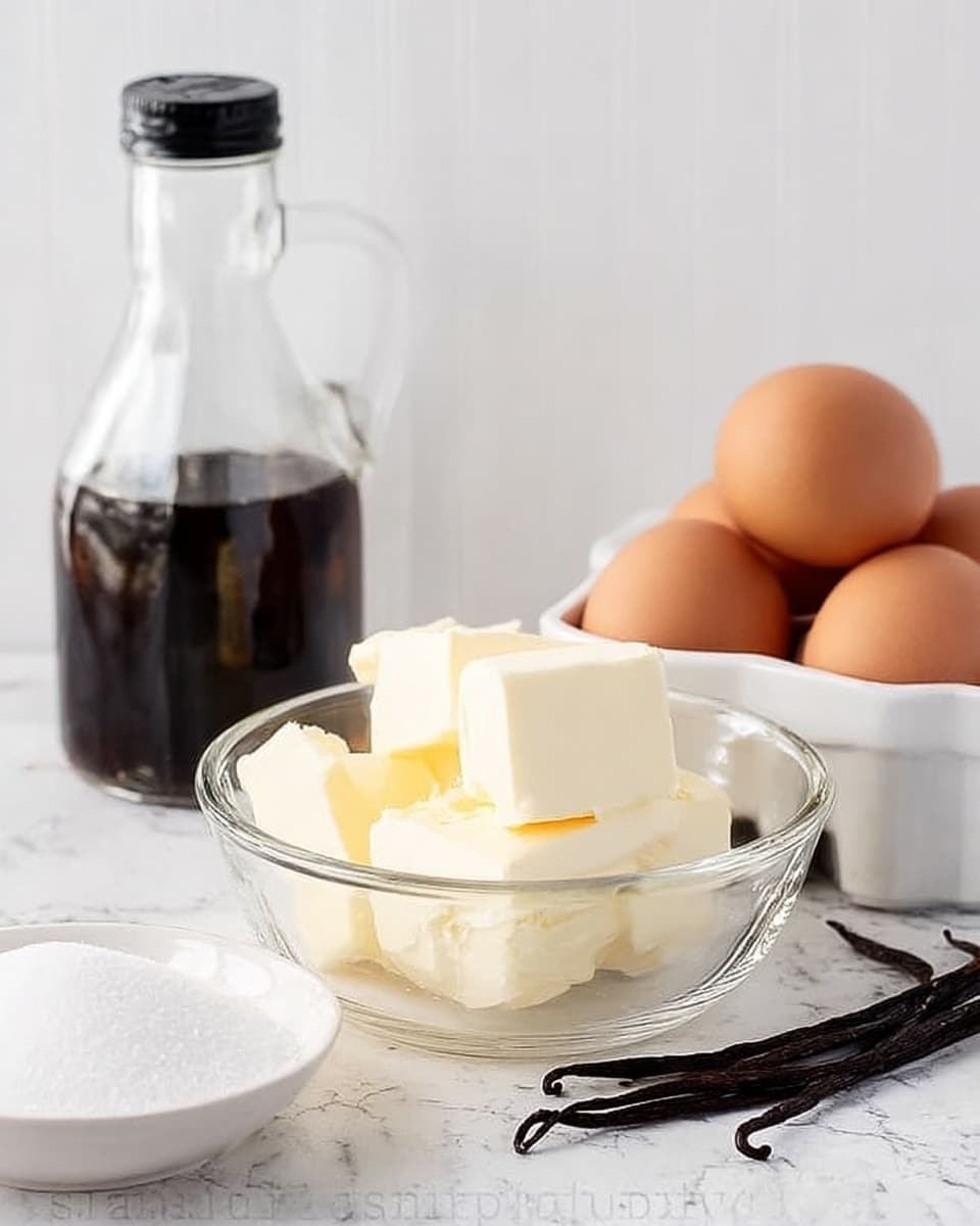 The image shows a small glass bowl filled with several thick white butter blocks in the center. Behind it, to the right, there is a white container holding three brown eggs stacked on top. To the left, a clear glass bottle with a black lid contains a dark liquid with some vanilla bean pods inside. In the front left corner, part of a small white bowl with white granulated sugar is visible. The whole setup is placed on a white marbled surface with a white wall background. Photo taken with an iphone --ar 4:5 --v 7