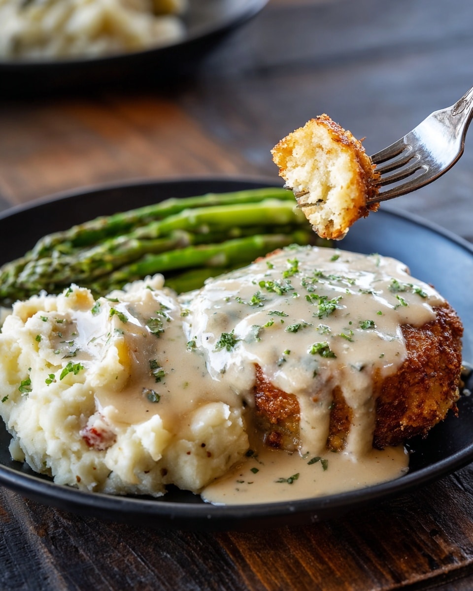 A black plate holds three main parts: on the left, a mound of creamy mashed potatoes with bits of red skin visible, showing a soft and chunky texture; in the center, a thick, golden-brown fried patty topped with a smooth, white gravy sauce sprinkled with small green herb pieces, and a fork lifting a piece revealing a light interior; on the right, a small bunch of green asparagus spears with a fresh, bright look. The plate sits on a dark wooden surface with a blurred background showing another plate. Photo taken with an iphone --ar 4:5 --v 7