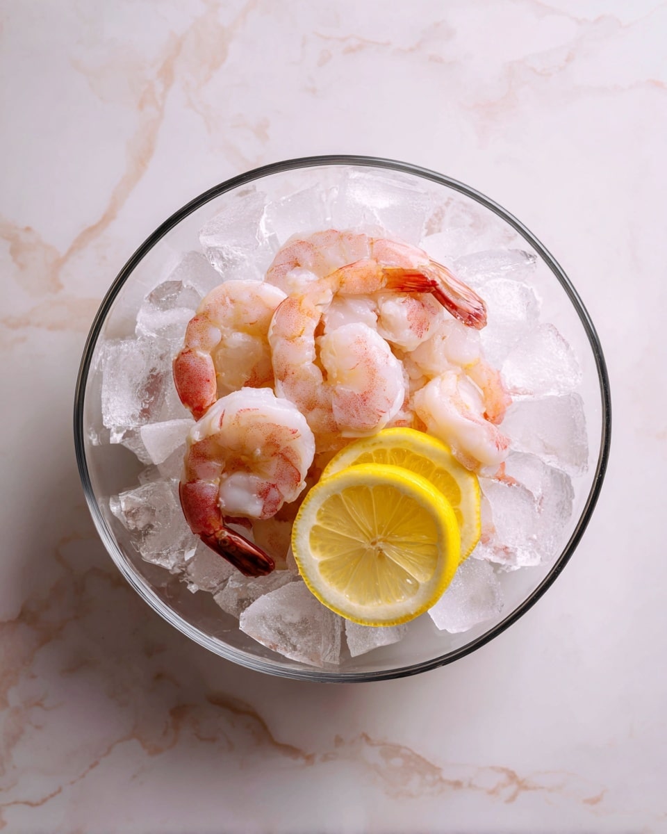A clear glass bowl sits on a white marbled surface, filled with several pink shrimp partially submerged in ice water. The bowl contains many white ice cubes layered on top and around the shrimp, creating a frosty texture. Underneath the shrimp, a few bright yellow lemon slices are placed, adding a pop of color against the pale water and ice. The shrimp are arranged in a loose cluster, with their tails mostly curved upward, showing their segmented pink and white bodies and dark tips. photo taken with an iphone --ar 4:5 --v 7