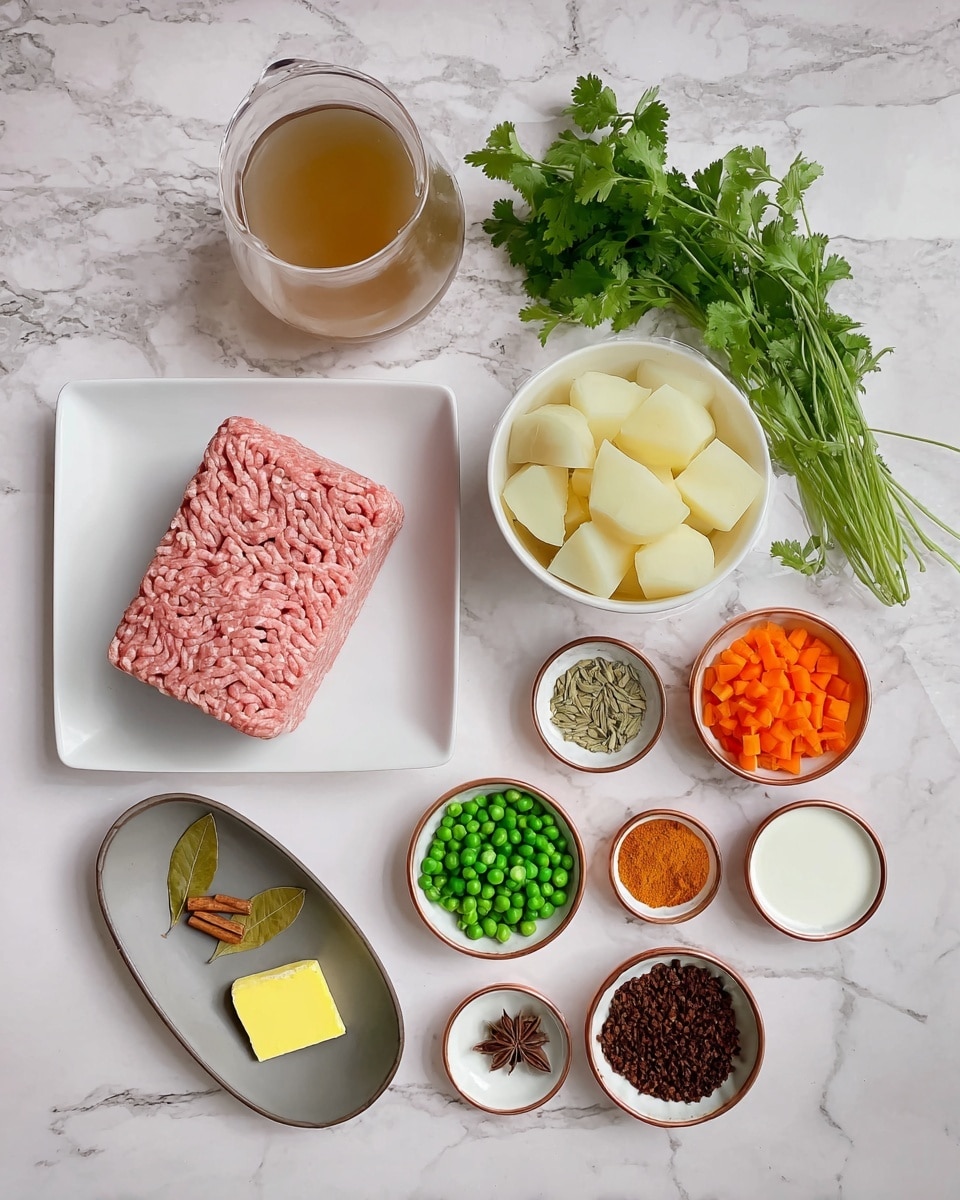 A white square plate holds a large block of pink ground meat with a textured surface, placed on a white marbled background. To the right, a bunch of fresh green cilantro leaves lie next to a white bowl filled with pale, cubed potatoes in water. Below, a grey oval dish contains whole spices: a bay leaf, two cloves, a cardamom pod, and a cinnamon stick. Surrounding these are small white bowls with bright orange carrot cubes, green peas, light yellow puree, and white yogurt. On the right side are six small copper bowls holding various brightly colored spices, shredded dark brown ingredient, and a small yellow square of butter. A large glass jug with light brown liquid is at the top left. Photo taken with an iphone --ar 4:5 --v 7