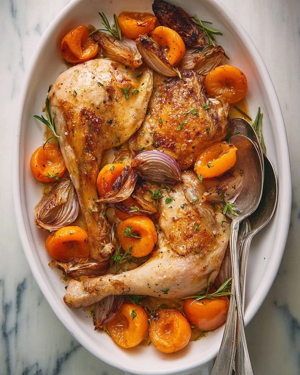 A white oval dish holds two golden-brown cooked chicken legs placed side by side, showing a slightly crispy skin with a few darker sear marks. Around the chicken are bright orange roasted apricot halves with visible pits and some light wrinkling from cooking. There are also several browned shallot halves and whole cloves of garlic nestled among the chicken and apricots. Small sprigs of fresh green rosemary are scattered over the chicken and fruit, adding touches of green to the warm colors. A silver fork and spoon rest along the right edge of the dish. The dish is set on a white marbled surface. Photo taken with an iphone --ar 4:5 --v 7