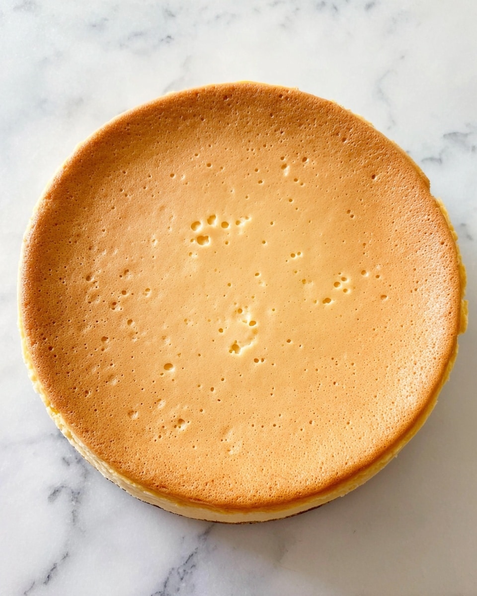 A single round layer of plain cheesecake with a smooth, tan surface that has tiny bubbles and slight uneven spots. The cake's edges are slightly darker and golden, sitting on a white marbled surface. photo taken with an iphone --ar 4:5 --v 7