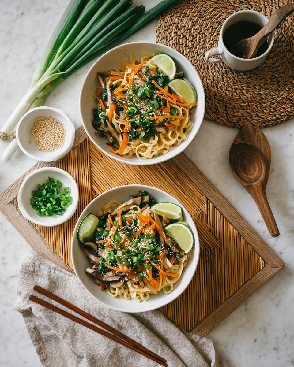 Two white bowls hold a noodle dish with three main layers: a base layer of light yellow noodles, a middle layer of thin, orange carrot strips and pale white mushrooms, and a top layer of dark green leafy pieces and bright green chopped scallions, sprinkled with sesame seeds; each bowl is garnished with a wedge of fresh lime placed on the side. The bowls sit on a bamboo mat on a white marbled surface, with wooden chopsticks wrapped in a beige cloth napkin resting next to the bottom bowl. To the left, a bunch of fresh scallions and two small white bowls—one with chopped scallions and the other with sesame seeds—are arranged, while to the top right of the bowls, a small white cup with dark sauce and a wooden spoon is placed on a woven mat. Photo taken with an iphone --ar 4:5 --v 7