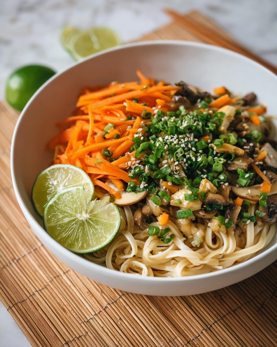 A white bowl filled with three main layers: the bottom layer is light beige noodles, the middle layer is orange carrot sticks and light brown mushrooms mixed with green herbs, and the top layer is finely chopped bright green chives sprinkled with small white sesame seeds. Two lime wedges with a glossy green surface rest on the left side of the noodles. The bowl sits on a light brown bamboo mat over a white marbled surface. Photo taken with an iphone --ar 4:5 --v 7