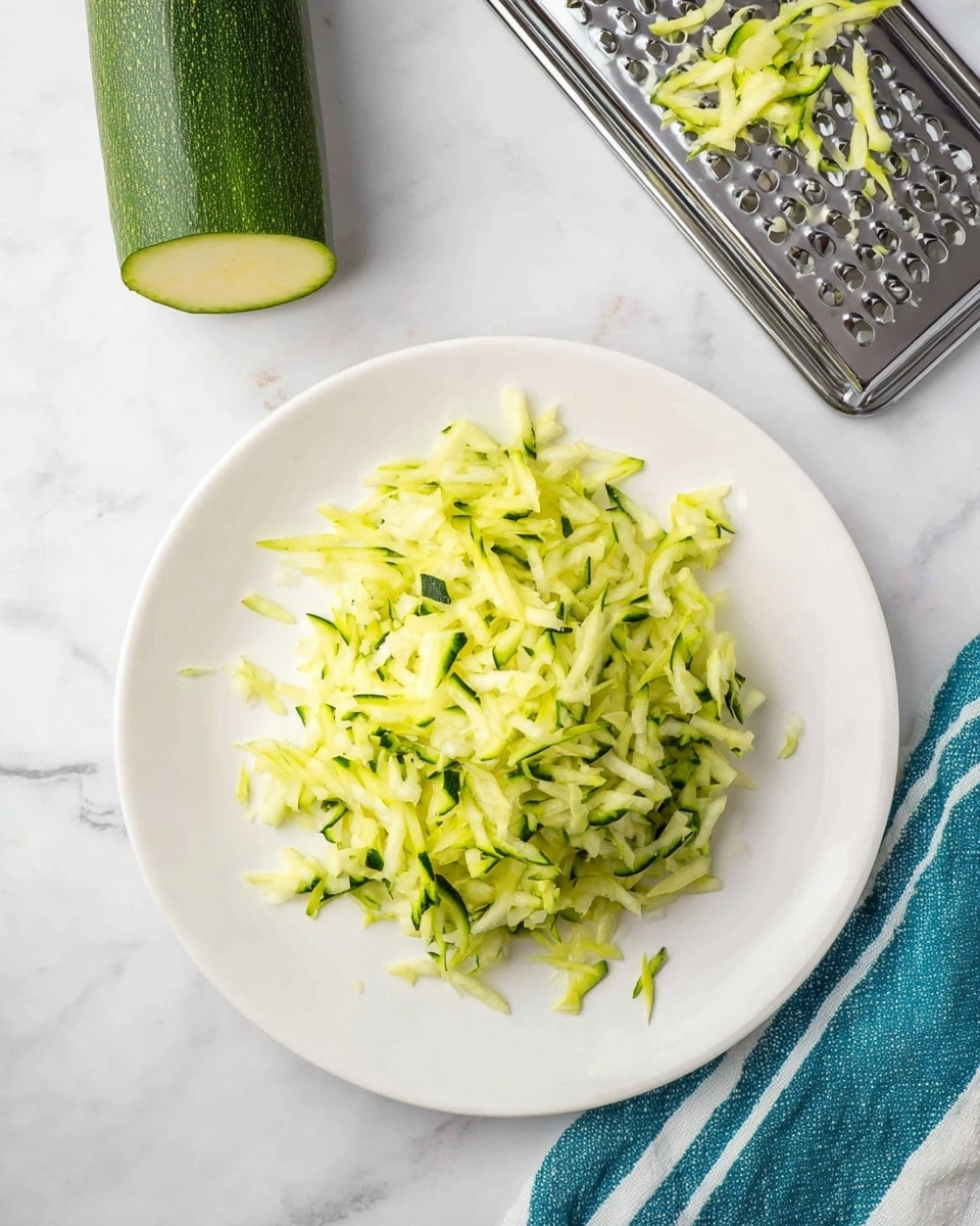 A white plate is filled with one layer of shredded zucchini that is light green with darker green skin edges, showing a fresh and moist texture. To the top left of the plate sits a half zucchini with a dark green outer skin and a pale green inside. Above the plate is a metal box grater with pieces of shredded zucchini stuck in its holes. The white marbled surface underneath adds a clean look, with a blue-green towel with white lines folded on the bottom right. Photo taken with an iphone --ar 4:5 --v 7