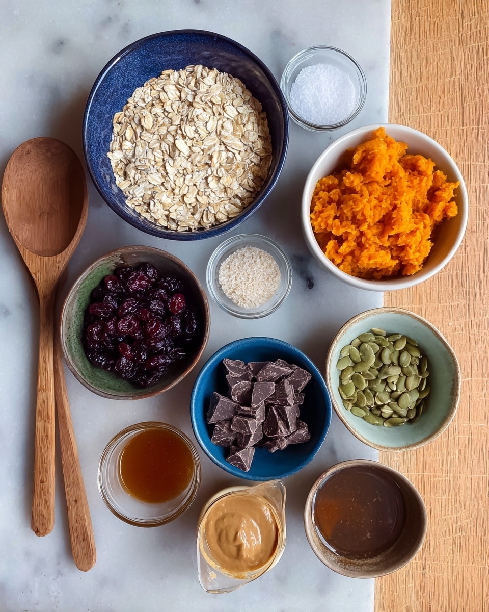 A top view of various ingredients arranged on a white marbled texture, including a central deep blue bowl filled with light beige oats. Surrounding it clockwise, there is a small white bowl with bright orange mashed sweet potatoes, a glass cup with white salt, a dark brown bowl with deep red dried cranberries, a glass cup with white baking soda or powder, a dark blue bowl filled with dark chocolate chunks, a dark blue bowl with light green pumpkin seeds, a small white cup with dark amber maple syrup, and a wooden measuring cup filled with creamy light brown peanut butter. Two wooden spoons lay diagonally across the table. Photo taken with an iphone --ar 4:5 --v 7