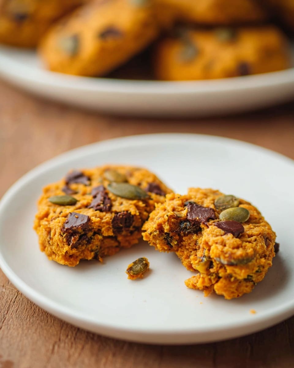 Two round orange cookies with visible chunks of dark brown chocolate and green pumpkin seeds sit on a white plate on a wooden surface. The cookie in the front has a bite taken out, showing a dense and chewy texture with visible oats and seeds inside. In the blurred background, there is a white tray holding more cookies similar in color and texture. Photo taken with an iphone --ar 4:5 --v 7