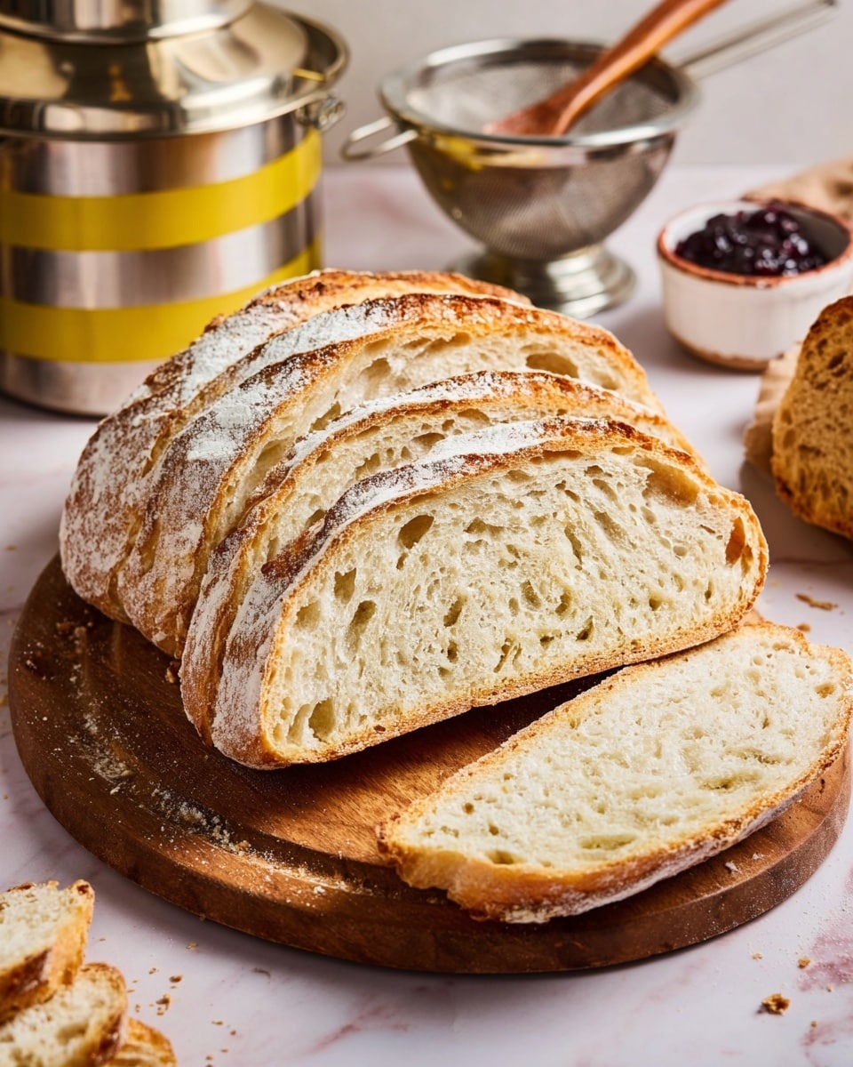 The image shows a loaf of rustic bread with five thick slices leaning upright on a round wooden board. The bread has a golden brown crust with a dusted white flour top and a soft, airy interior with small air holes. Around the board, there are loose crumbs and slices of the same bread. In the background, there is a shiny metal sifter with yellow bands and a white dish with dark jam next to a wooden spoon, all placed on a white marbled surface. Photo taken with an iphone --ar 4:5 --v 7