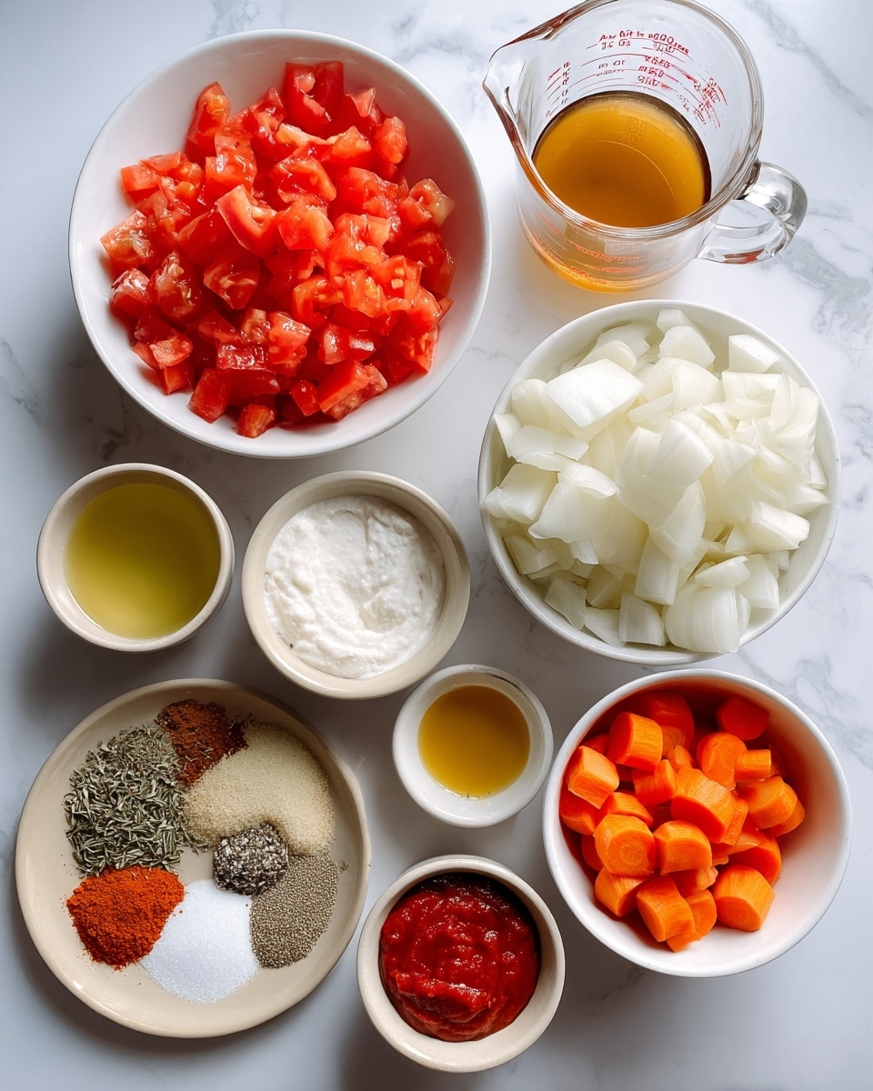 The image shows various cooking ingredients arranged neatly on a white marbled surface. At the top center, there is a white bowl filled with bright red chopped tomatoes. To the right, a clear glass measuring cup contains light brown vegetable broth. Below the tomatoes, a white bowl holds large chunks of white onion. To the right of the onion, there is a white bowl with vibrant orange carrot pieces. Near the bottom left, a small beige dish contains chopped white garlic cloves, and next to it, another beige dish holds deep red tomato paste. Above the garlic dish, a small white bowl holds a yellowish liquid, labeled olive oil, and next to it, another small white bowl contains sugar. At the bottom left, there is a beige plate with various dried spices like dried basil, dried oregano, salt, black pepper, and smoked paprika arranged in segments. Behind the onion bowl is a small glass jar filled with white heavy cream. The overall layout is clean and bright, emphasizing the colors and textures of the fresh ingredients. Photo taken with an iphone --ar 4:5 --v 7