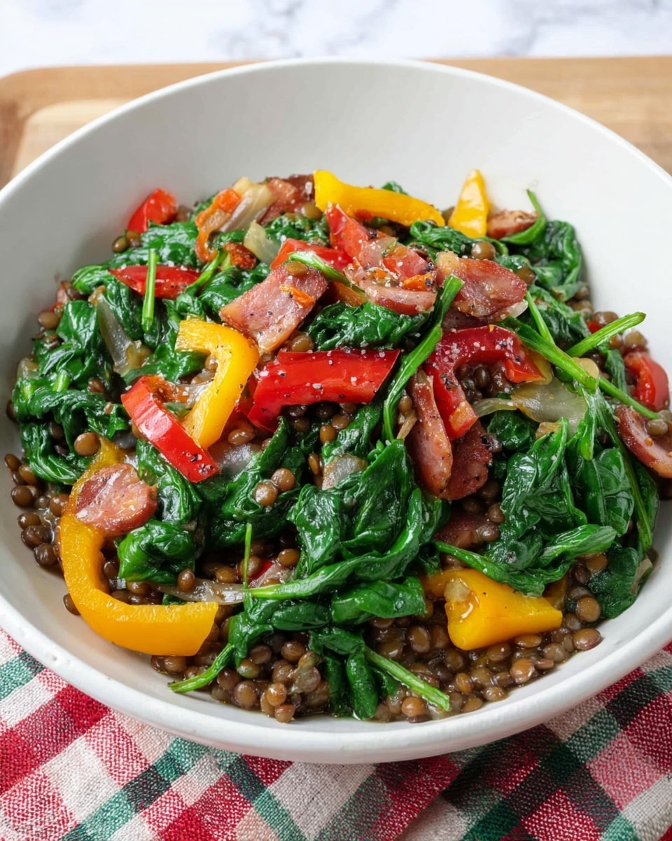 The dish is served in a white bowl placed on a white marbled surface with a checkered red, green, and white cloth underneath. It has several layers: a base of cooked brown lentils mixed throughout, topped with bright green sautéed spinach leaves that are slightly glossy and wilted. Scattered among the spinach and lentils are chunks of yellow and red bell peppers, adding vibrant pops of color with their smooth, slightly shiny surfaces. There are also thin slices of browned sausage visible on top, adding a reddish-brown color and a firm texture to the mix. Photo taken with an iphone --ar 4:5 --v 7
