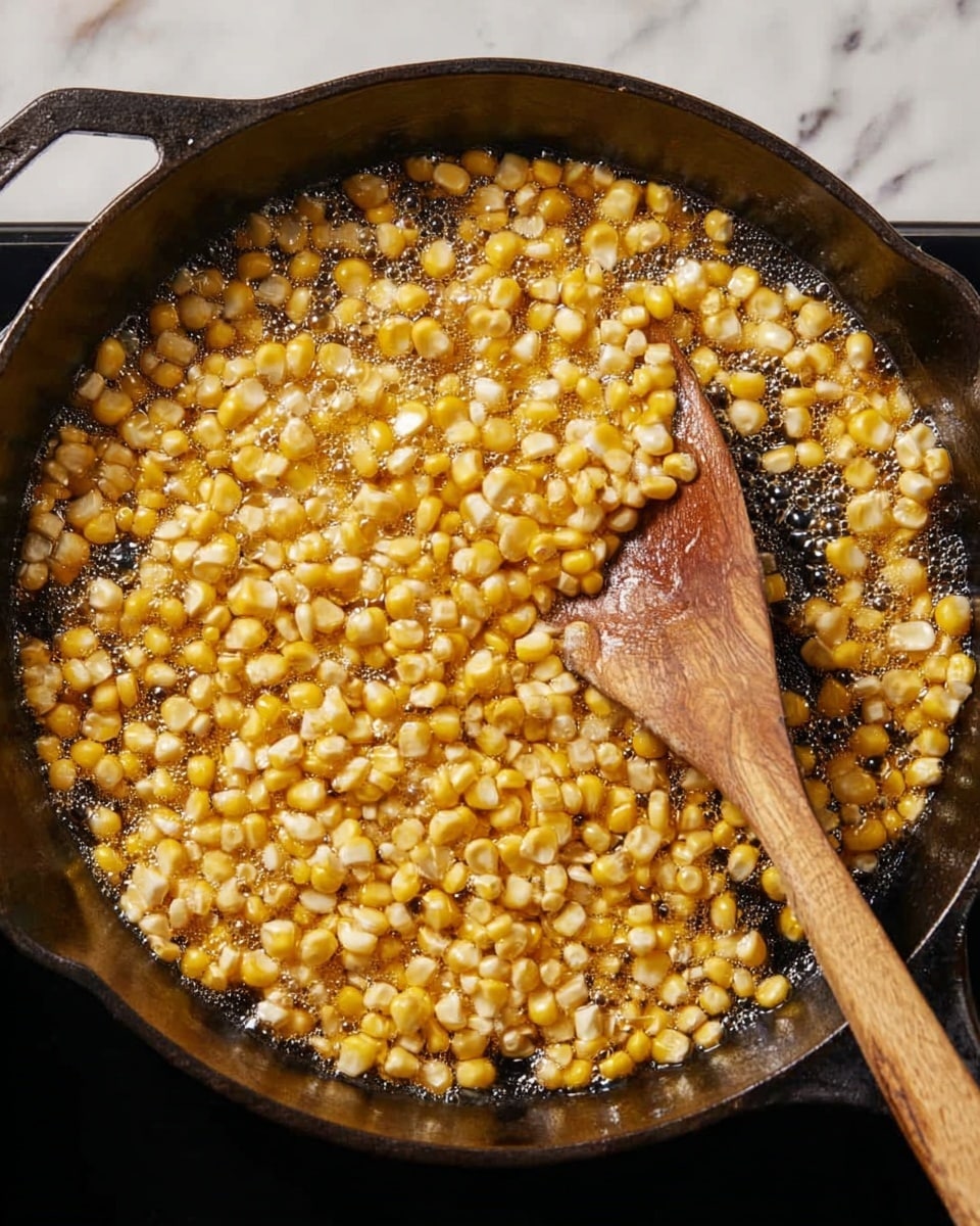 The image shows a black cast iron pan filled with yellow corn kernels being cooked in oil. The corn kernels are spread evenly and appear slightly browned, giving a mix of light yellow and golden brown colors. A wooden spatula is resting on the right side of the pan, with its handle extending outward. The pan is placed on a stove, and the steam or bubbles from cooking oil can be seen around the kernels. The background is a white marbled texture. photo taken with an iphone --ar 4:5 --v 7