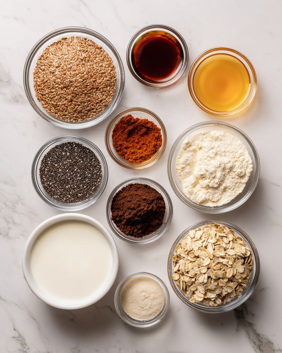 The image shows ten small clear glass bowls arranged on a white marbled surface, each containing a different ingredient. Starting from the top left, there is a bowl with light brown ground flax seeds, followed by a small bowl with dark amber vanilla extract to the right. Below the flax seeds is a tiny bowl with fine, reddish-brown cinnamon powder. To the right of that is a bowl with dark brown cacao powder. In the bottom left, there is a bowl with small, black chia seeds. Next to it is a small bowl containing a dark amber maple syrup. Slightly above and to the right of the chia seeds is a light beige protein powder in a bowl. On the far right side, there is a bowl filled with pale beige rolled oats. At the bottom left, there is a bowl of smooth, white yogurt and next to it, at the bottom right, a bowl filled with white milk. Each bowl is seen clearly on the white marbled surface with labels indicating the contents. The photo taken with an iphone --ar 4:5 --v 7
