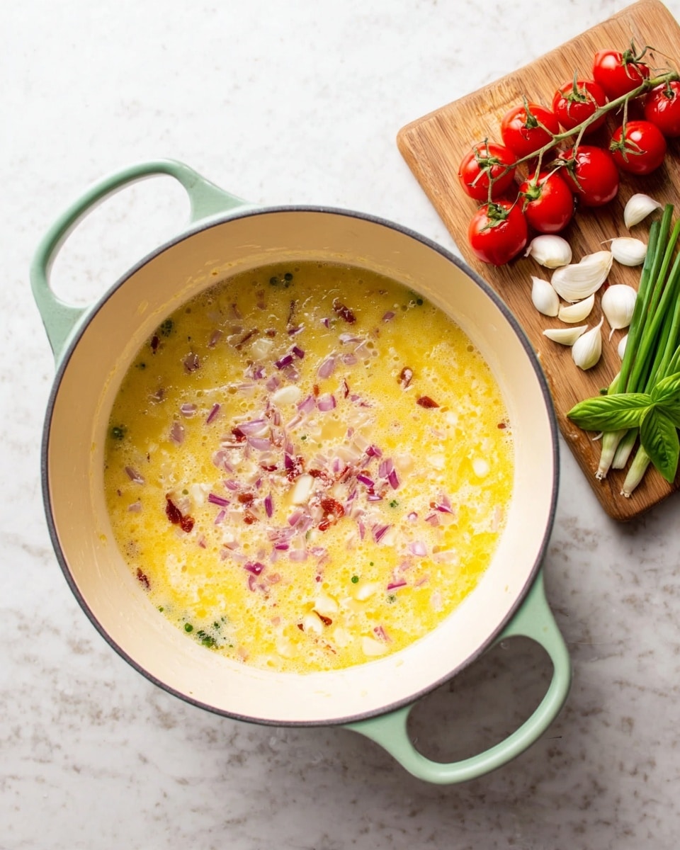 A light green cast iron pot with off-white inside contains a single layer of melted yellow butter mixed with small pieces of chopped red onion and white garlic. The butter creates a shiny, smooth texture while the onions and garlic add small splashes of purple and white colors scattered through it. To the right side of the pot, on a white marbled surface, there is a wooden cutting board holding a bunch of small red cherry tomatoes on the vine, fresh green basil leaves, green spring onions, and peeled white garlic cloves arranged neatly. The photo was taken with an iphone --ar 4:5 --v 7
