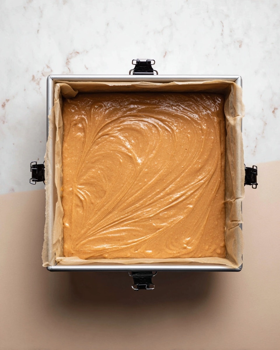 A square metal baking pan lined with parchment paper filled with one even layer of smooth, light brown cake batter with a slightly shiny, wet texture, showing gentle swirls on the surface. The pan is clipped on two sides with black binder clips. The baking pan is placed on a white marbled surface. photo taken with an iphone --ar 4:5 --v 7
