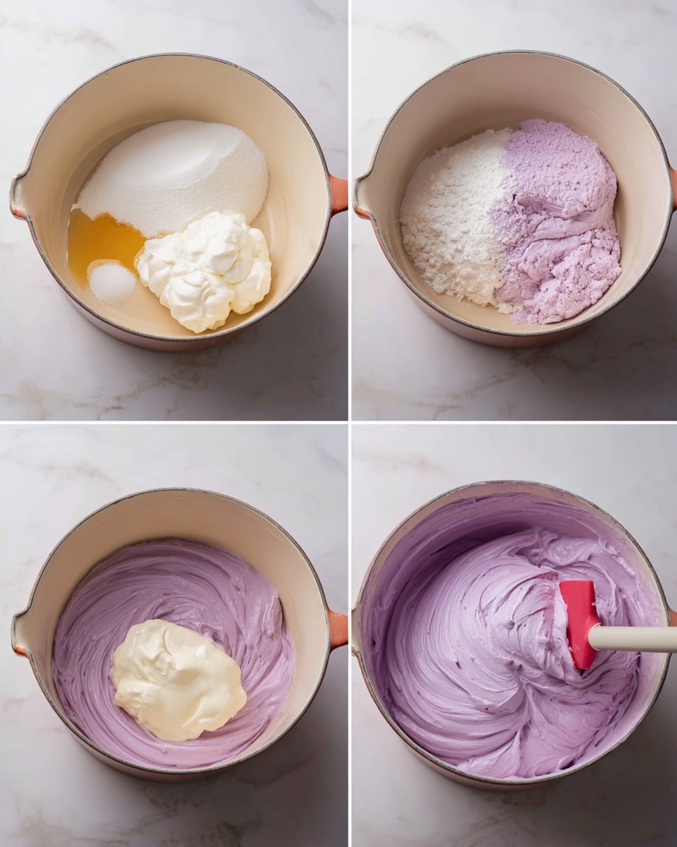 Four close-up photos show mixing stages of a creamy purple dessert inside a beige pot on a white marbled surface. The first image has five separate piles of ingredients: white sugar, thick cream-colored dollops, pale purple powder, and a small amount of golden liquid on top, all sitting side by side. The second image shows the mixture fully whipped into a thick, smooth, and light purple creamy texture filling the pot. The third photo shows the mixture partially combined, with a spoon mixing a pale cream dollop in the center, blending with the surrounding purple mix. The fourth photo captures the pot filled with a smooth uniform light lavender whipped cream being folded by a red spatula. photo taken with an iphone --ar 4:5 --v 7