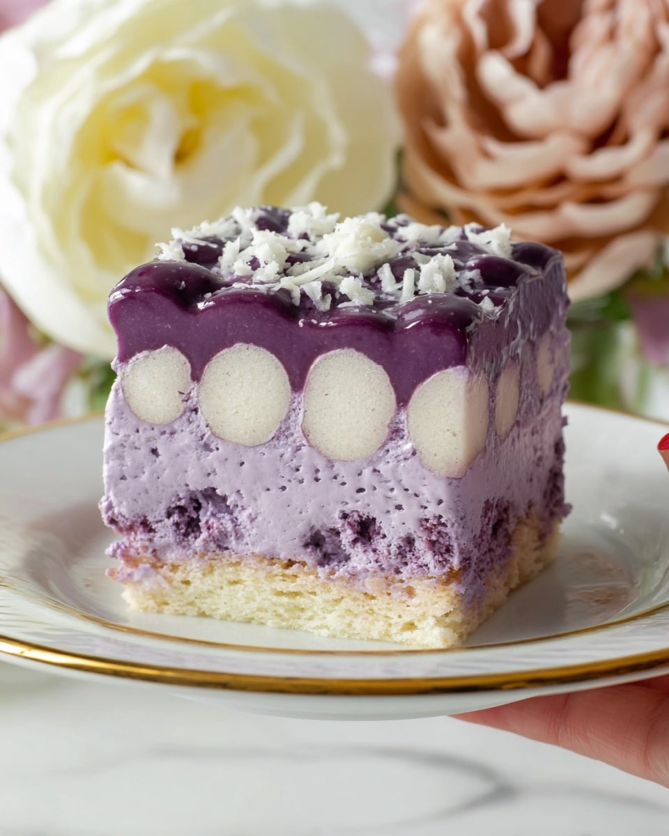A square slice of dessert with three clear layers is shown on a white plate with a gold rim, resting on a white marbled surface. The bottom layer is made of light-colored sponge cake with a slightly darker edge. Above it is a light purple mousse-like cream filling, thick and smooth, with small air holes. In the middle of this cream layer, there is a row of small circular sponge cakes with light centers and darker purple edges. The top layer is a glossy, dark purple gelatin or glaze, sprinkled with white chocolate shavings that add texture. In the background, there is a soft-focus flower with cream and pink colors. A woman's hand holds the plate from the side. Photo taken with an iphone --ar 4:5 --v 7