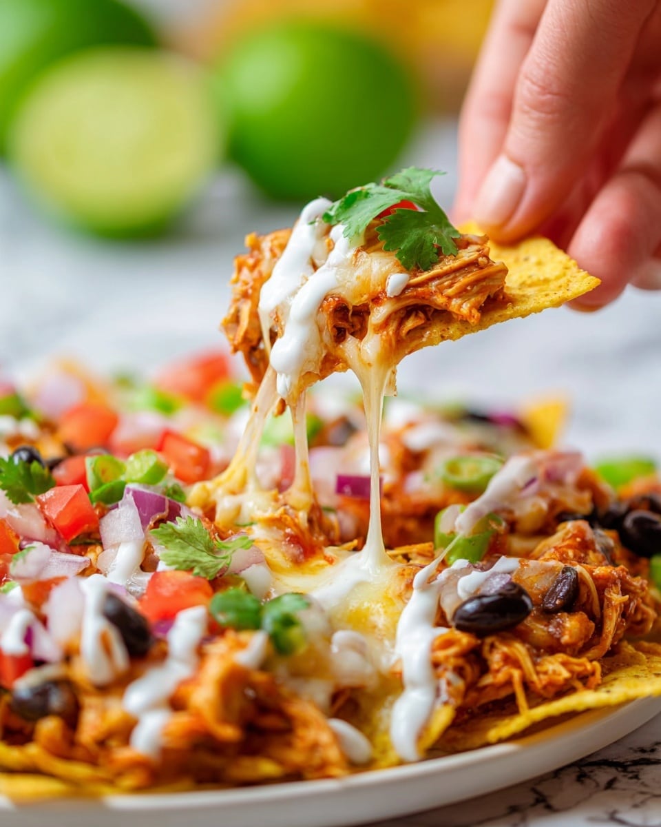 The image shows a close-up of a woman's hand holding a single yellow tortilla chip loaded with layers. The base is the yellow chip, topped with a thick layer of melted white cheese stretching down to the plate. Over the cheese is shredded orange-brown chicken meat, garnished with a small green cilantro leaf and a few black beans. Below, the plate of white has more loaded chips with visible layers of melted cheese, diced red tomatoes, white sauce drizzles, chunks of green peppers, black beans, and small bits of red onions scattered on top. The background has blurred green limes and a white marbled surface. photo taken with an iphone --ar 4:5 --v 7