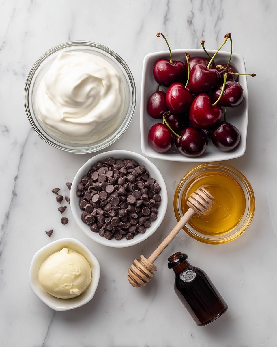 The image shows six ingredients placed neatly on a white marbled surface. On the top left, there is a clear round bowl filled with smooth, creamy white Greek yogurt. Next to it on the right is a white square bowl filled with shiny, deep red cherries with green stems. Below the yogurt bowl is a round clear bowl filled with small, dark brown chocolate chips. At the bottom left is a small white square dish containing a creamy light yellow coconut oil puck. To its right is a small clear jar full of golden honey with a wooden honey dipper resting inside. Finally, on the bottom right, there is a small dark brown bottle of vanilla extract lying flat on the white marble. photo taken with an iphone --ar 4:5 --v 7