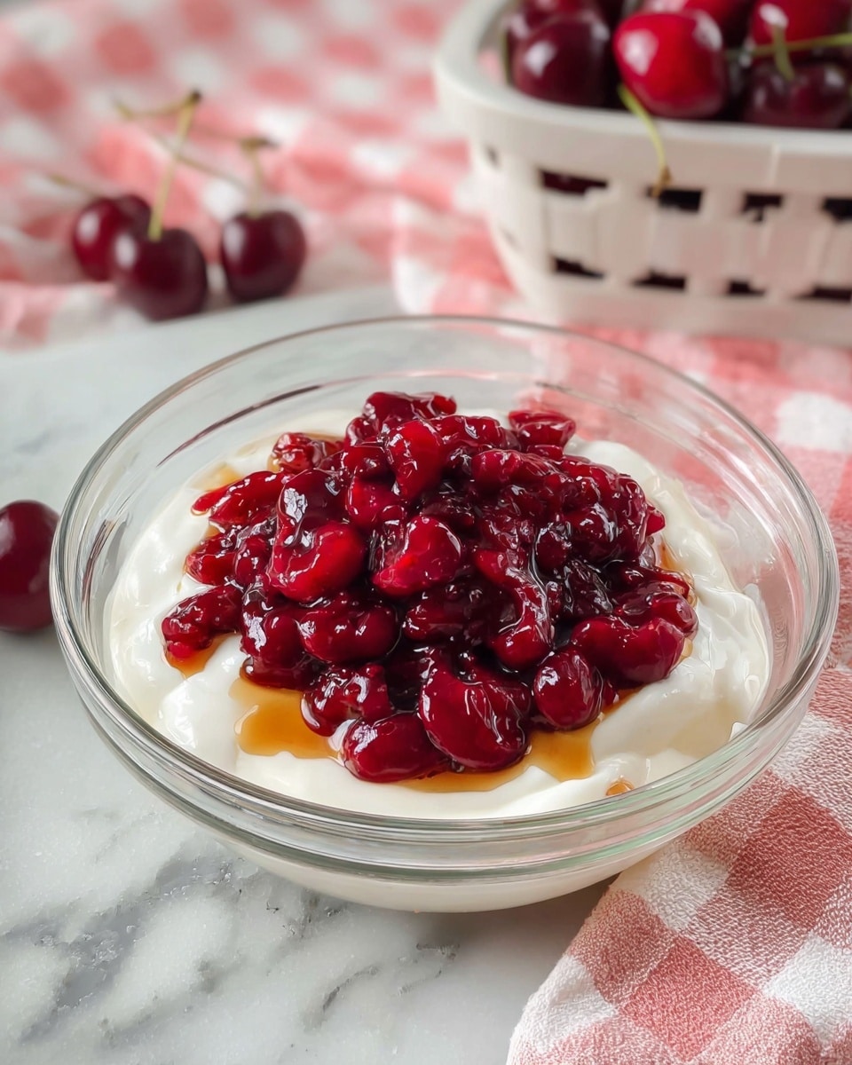 A clear glass bowl holds two main layers: a thick white creamy base at the bottom and a generous pile of bright red chopped cherries on top, glistening with syrup for a shiny look; the bowl sits on a white marbled surface, with a soft pink and white checkered cloth and some whole dark red cherries in the background, along with a white basket filled with cherries. Photo taken with an iphone --ar 4:5 --v 7