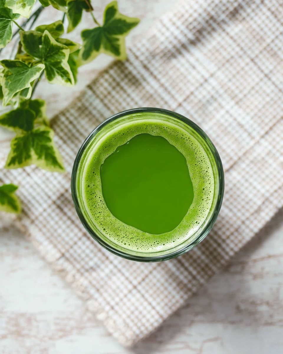 A clear glass filled with bright green juice is shown from above, highlighting its smooth surface and vibrant color. The glass sits on a light-colored cloth with a simple checked pattern, placed on a white marbled surface. In the upper left corner, there are green ivy leaves adding fresh, natural contrast to the scene. The lighting is soft and natural, enhancing the fresh and healthy feel of the drink. photo taken with an iphone --ar 4:5 --v 7