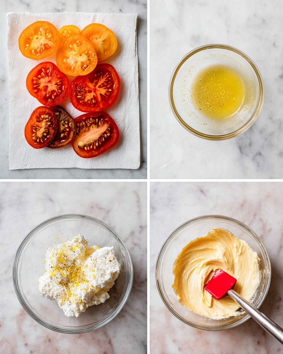 The image shows four separate scenes on a white marbled surface. The top left part displays three rows of tomato slices placed neatly on a white paper towel; the top row is made of bright orange tomato slices, the middle row has vibrant red slices with some salt sprinkled on one slice, and the bottom row contains darker red and brownish tomato slices. The top right scene shows a small clear glass bowl filled with a yellowish liquid, likely oil with grated lemon zest floating inside. The bottom left scene features a clear bowl with white crumbly cheese, black pepper, and more lemon zest on top, all waiting to be mixed. The bottom right scene shows the same bowl after mixing, now with a smooth, creamy, pale yellow cheese mixture and a red spatula resting inside. Photo taken with an iphone --ar 4:5 --v 7