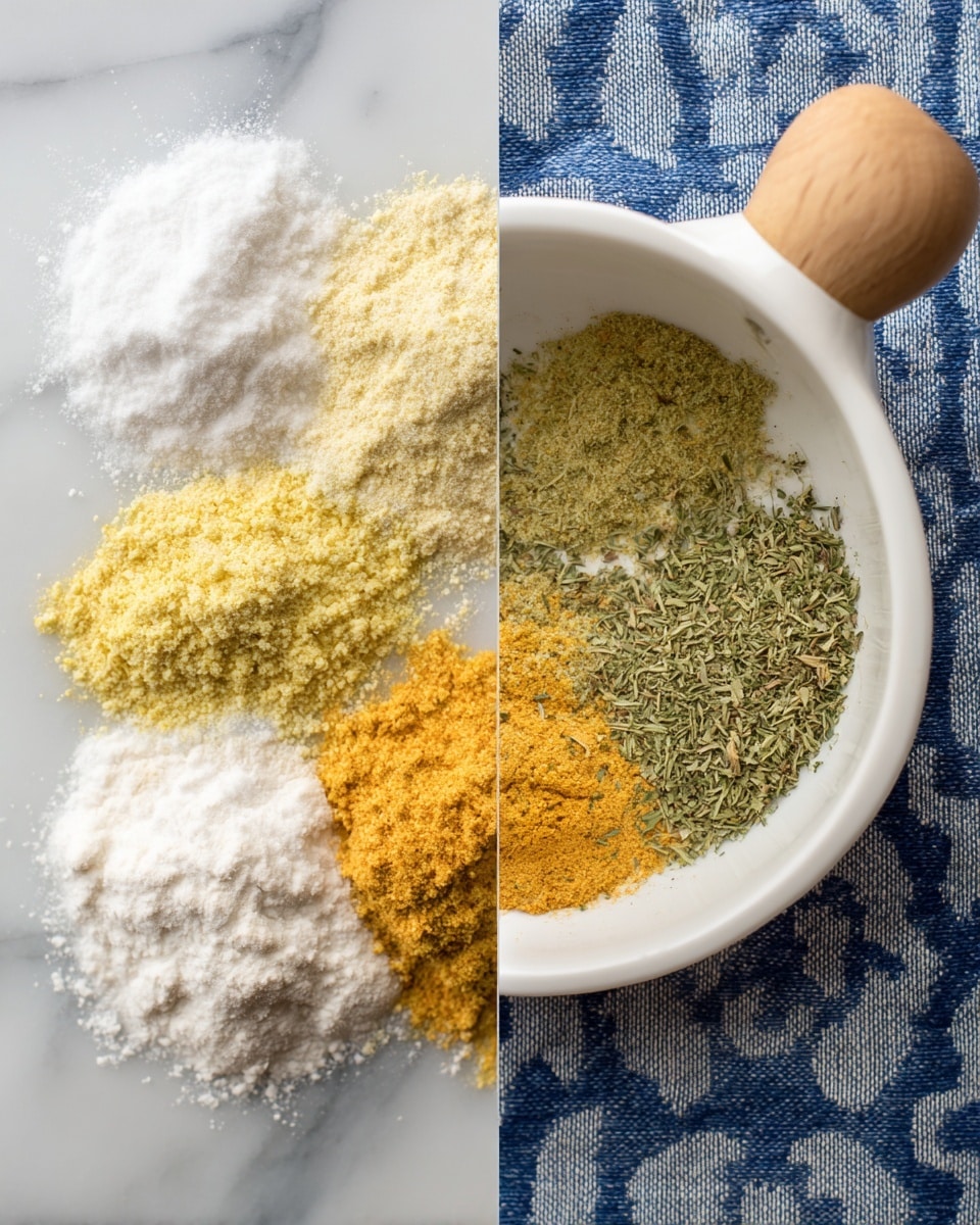 The image shows two side-by-side photos on a white marbled surface. On the left, five piles of dry ingredients are arranged closely: a white powder (salt) at the bottom right, a light yellow powder (mustard) at the bottom left, a pale off-white powder (sour cream powder) at the top left, a yellow-orange powder (onion seasoning) at the top right, and green dried herbs (parsley flakes) in the center. An oval label above the ingredients reads