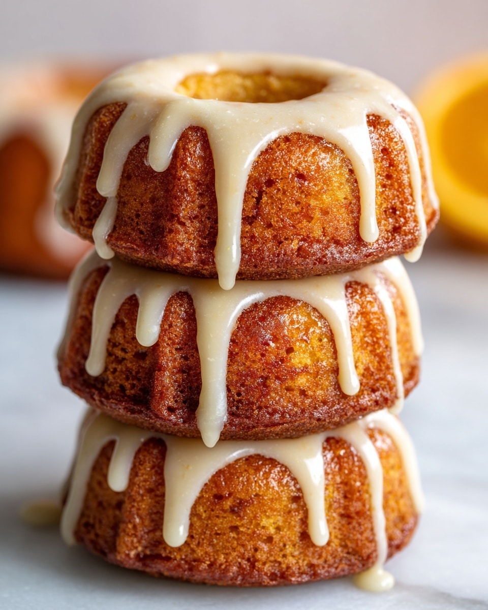 The image shows a close-up of a stack of three small bundt cakes with a moist and spongy texture, colored golden brown with a slightly rough surface. Each cake layer is separated by a smooth light tan glaze that drips slightly over the edges, with more glaze drizzled on top in thick lines across the top ring. The background is a white marbled surface, softly blurred with warm orange and red tones hinting at a round object behind. The photo taken with an iphone --ar 4:5 --v 7