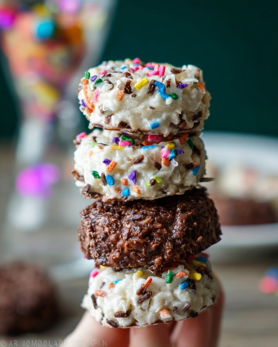 The image shows a close-up of four stacked round treats held by a woman's hand, with the top and third layers being white and textured with colorful sprinkles embedded in the surface, and the second and bottom layers being a rough-textured dark brown with visible bits, resembling chocolate mixed with coconut. The background is blurred with soft green and dark tones, and there are colorful confetti in a transparent cup out of focus in the back. The treats have a rough, homemade texture and the image is bright with natural light. photo taken with an iphone --ar 4:5 --v 7