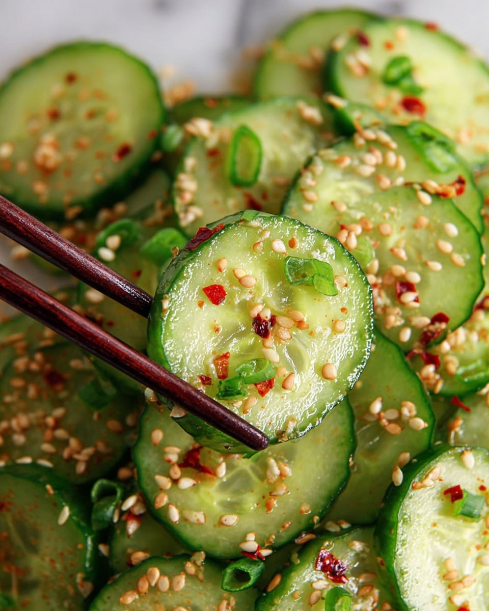 This image shows thin round slices of green cucumber layered evenly with light green edges, topped with light golden toasted sesame seeds, small red chili flakes, and small pieces of bright green chopped spring onions scattered on top. A pair of dark wooden chopsticks hold three cucumber slices close to the camera. The background is a white marbled texture. photo taken with an iphone --ar 4:5 --v 7