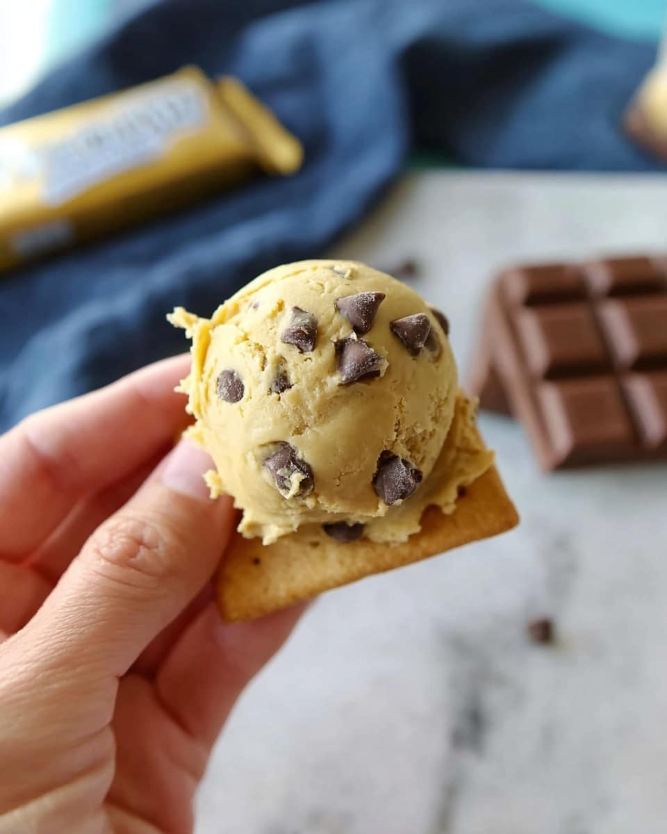 A close-up view of a woman's hand holding a small dessert made of a square light brown cracker base topped with a rounded scoop of yellowish cookie dough mixed with dark brown chocolate chips, showing some texture and small cracks. The background features a white marbled surface with a blurred dark blue cloth and a chocolate bar in its wrapper placed behind the dessert. Photo taken with an iphone --ar 4:5 --v 7