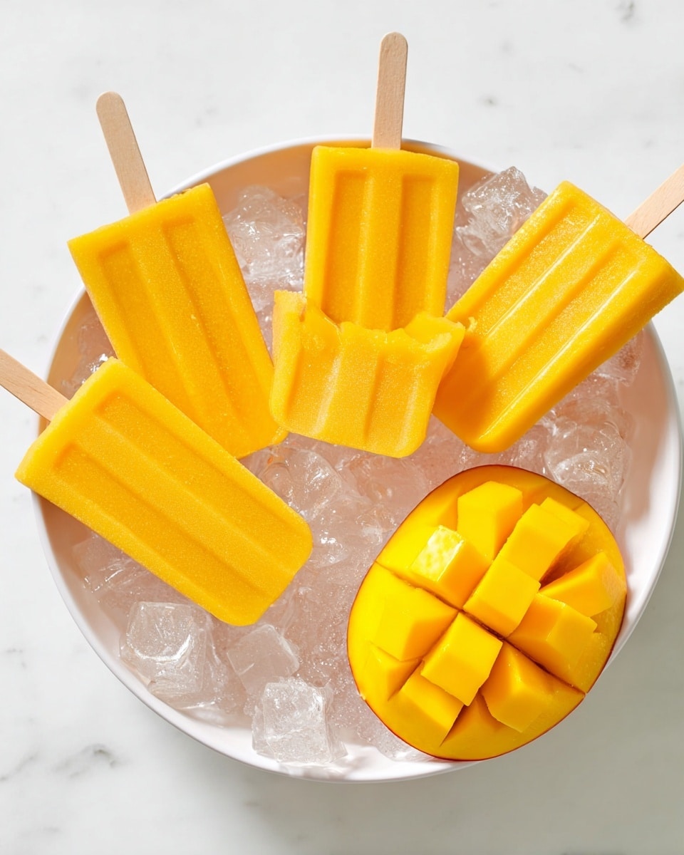 A white bowl filled with clear ice cubes holds five bright yellow mango popsicles with wooden sticks, arranged in a circle resting on the ice. In the front of the bowl, there is a half mango cut into evenly spaced cubes, showing its deep yellow-orange flesh. The bowl is placed on a white marbled surface, creating a fresh and clean look. Photo taken with an iphone --ar 4:5 --v 7