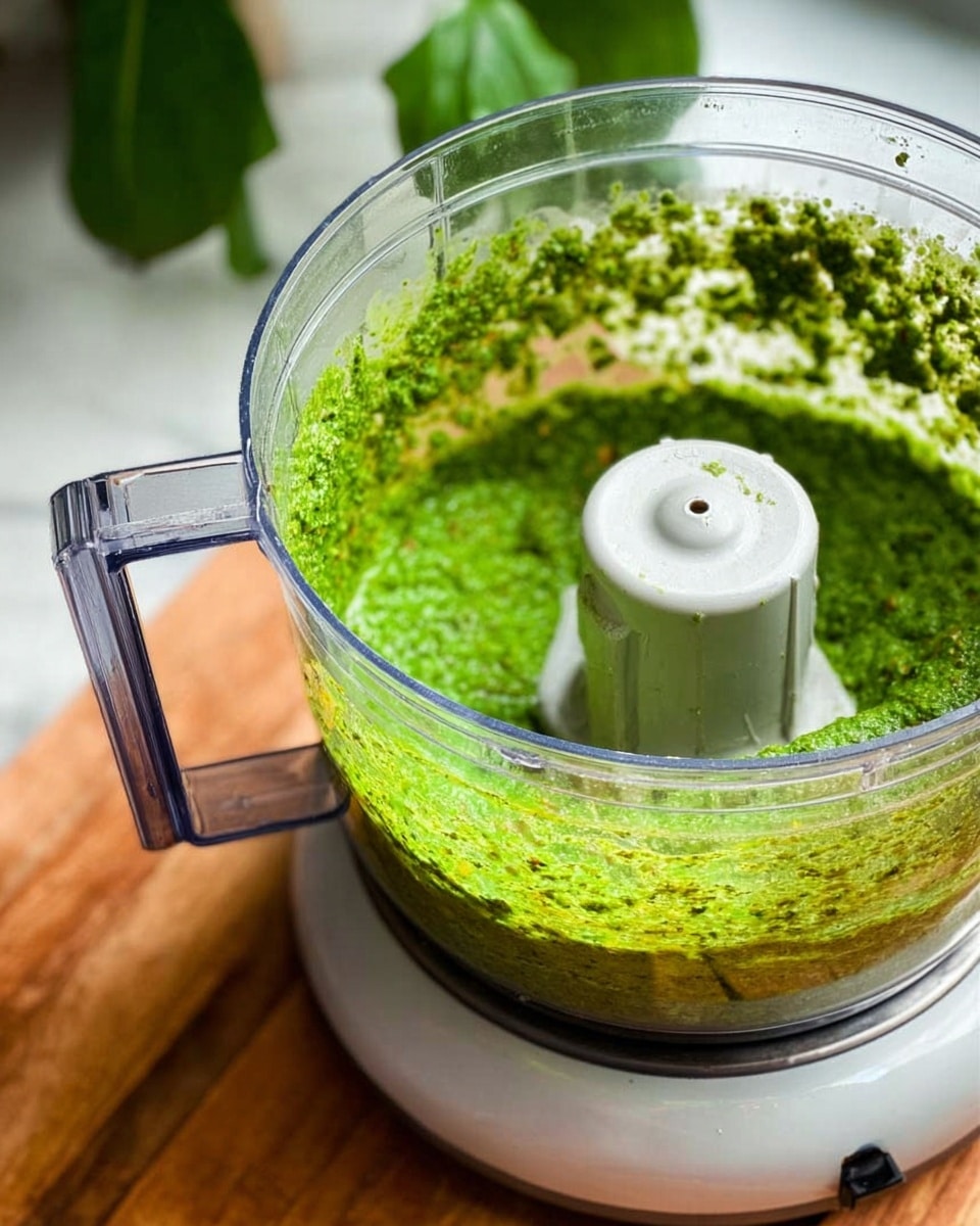 A close-up view of a clear food processor bowl filled with a bright green mixture that looks like pesto, with small bits and a textured creamy look inside. The green mixture fills about half of the bowl, which sits on a silver base. The food processor is resting on a wooden surface with green leaves and a white marbled texture background. The scene is bright and clear, showing the blender’s handle prominently on the left side. photo taken with an iphone --ar 4:5 --v 7