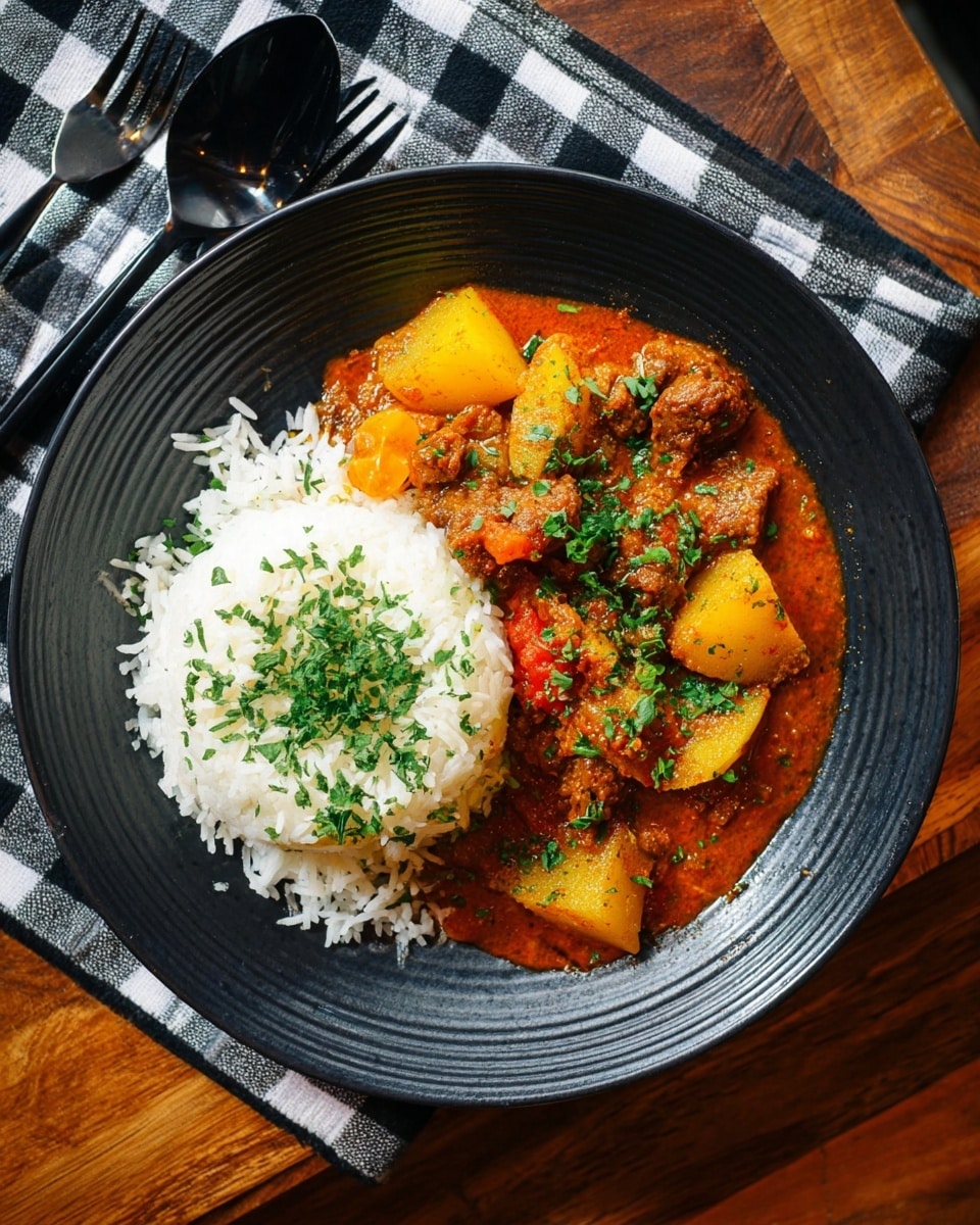 A deep black plate holds two main layers: on one side, a portion of bright white rice topped with finely chopped green herbs, and on the other, a thick curry with chunks of golden yellow potatoes, brown meat pieces, and a rich reddish-orange sauce, all sprinkled with fresh green herbs. The plate sits on a wooden table next to a black fork and spoon on a black-and-white checkered cloth. photo taken with an iphone --ar 4:5 --v 7