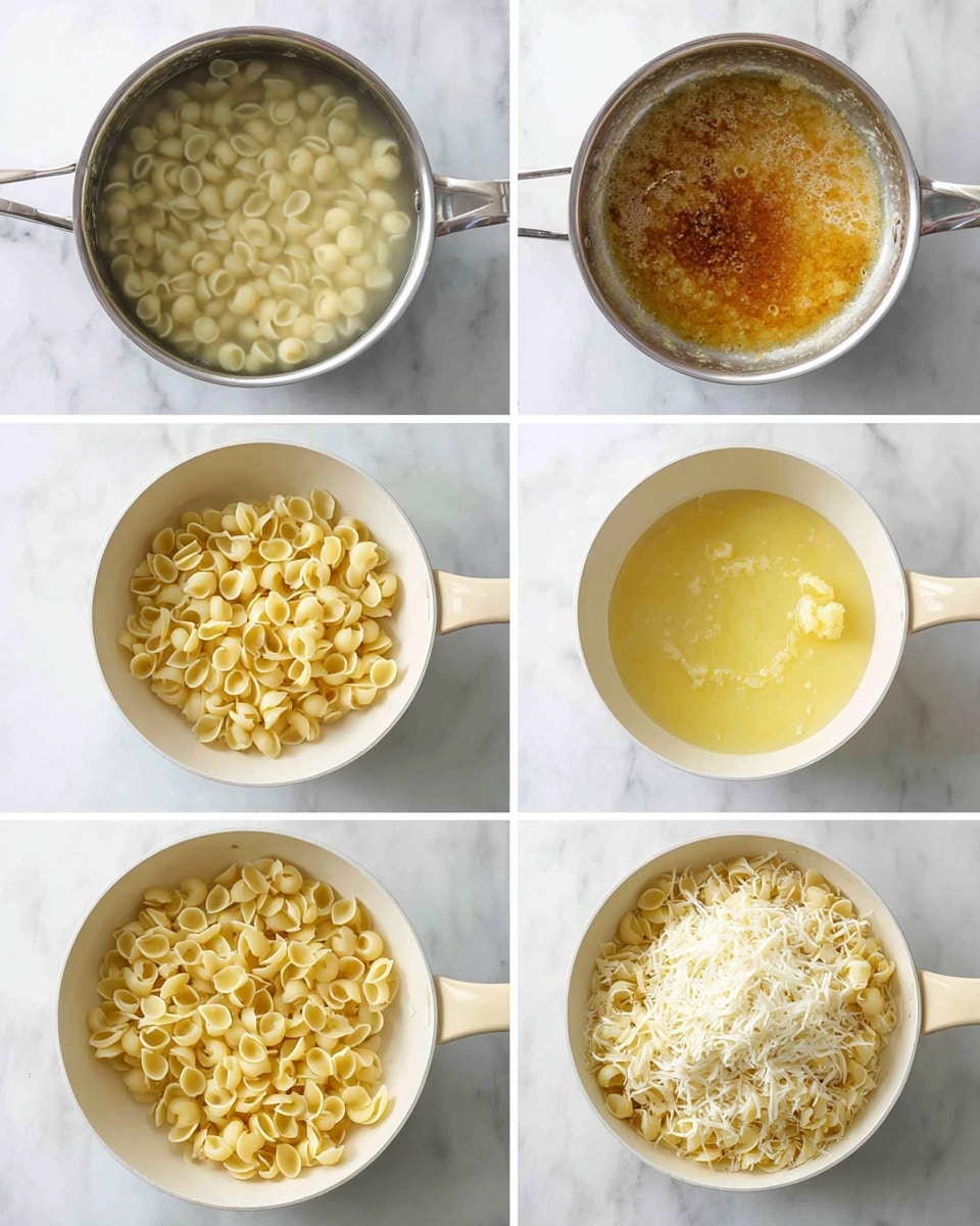 A six-step collage showing the making of a creamy pasta dish: Step 1 features a silver pot filled with small round pasta pieces in hot water on a white marbled surface; Step 2 shows melted butter in a white pan with a beige handle, the butter is yellow and smooth; Step 3 captures the butter turning a rich golden brown with bubbly texture in the same white pan; Step 4 displays the drained pasta added to the browned butter in the white pan, the pasta is light yellow with a slightly soft texture; Step 5 highlights a white pan with the pasta covered in a generous layer of shredded white cheese on top; Step 6 reveals the final dish with the cheese melted and mixed in, pasta fully coated in a creamy, smooth sauce inside the white pan, set on a white marbled surface photo taken with an iphone --ar 4:5 --v 7