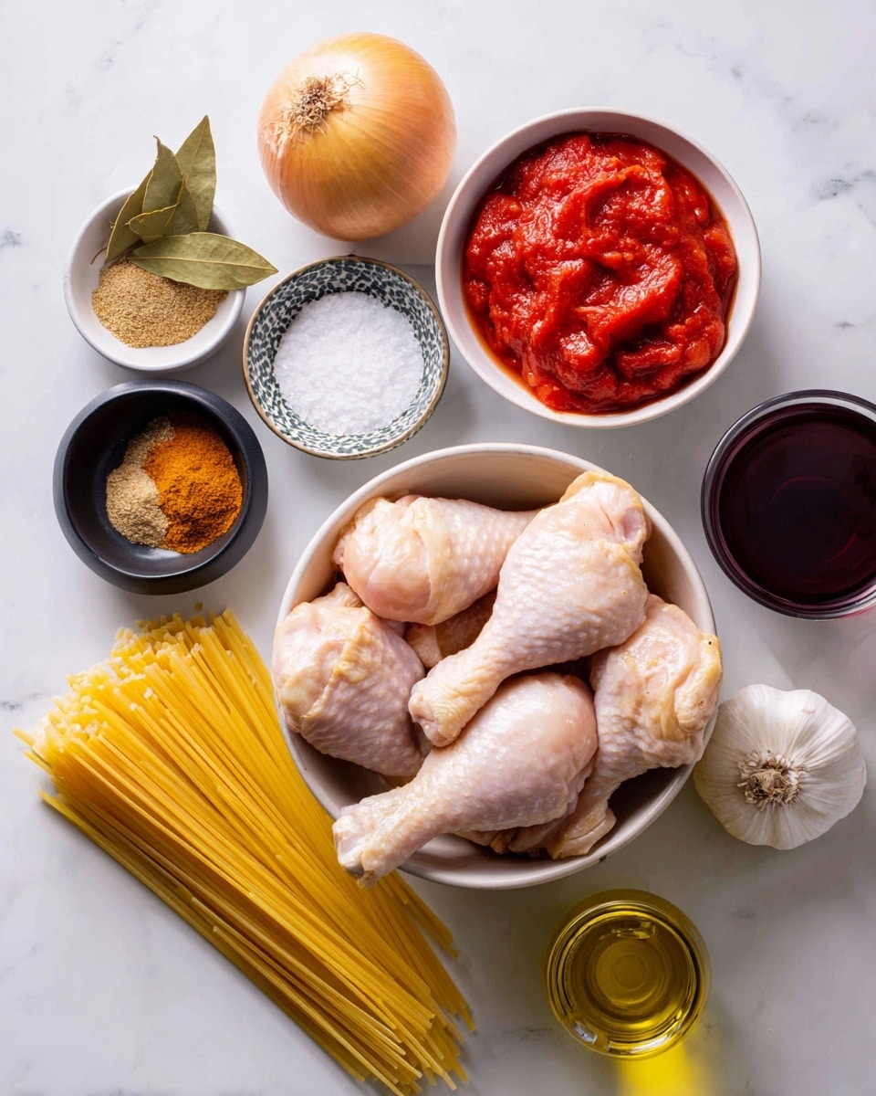 The image shows an arrangement of raw ingredients on a white marbled surface. On the right, there is a white bowl filled with several raw chicken drumsticks, light pink and pale yellow in color. Above it, a whole onion with golden brown skin sits next to a white bowl full of smooth, bright red crushed tomatoes. A single large garlic clove lies nearby. To the left, a small black bowl contains several ground spices in different shades of brown, orange, and yellow. Under it, a small glass bowl holds two bay leaves. Next to it, a small patterned bowl is filled with thick, dark red tomato paste. Below, more small glass bowls hold coarse white salt and dark red wine. A pile of uncooked pasta sticks with a pale yellow color rests on the lower left. A clear glass bottle of golden olive oil is at the bottom center. All items are spaced neatly and labeled with white tags showing their names. Photo taken with an iphone --ar 4:5 --v 7